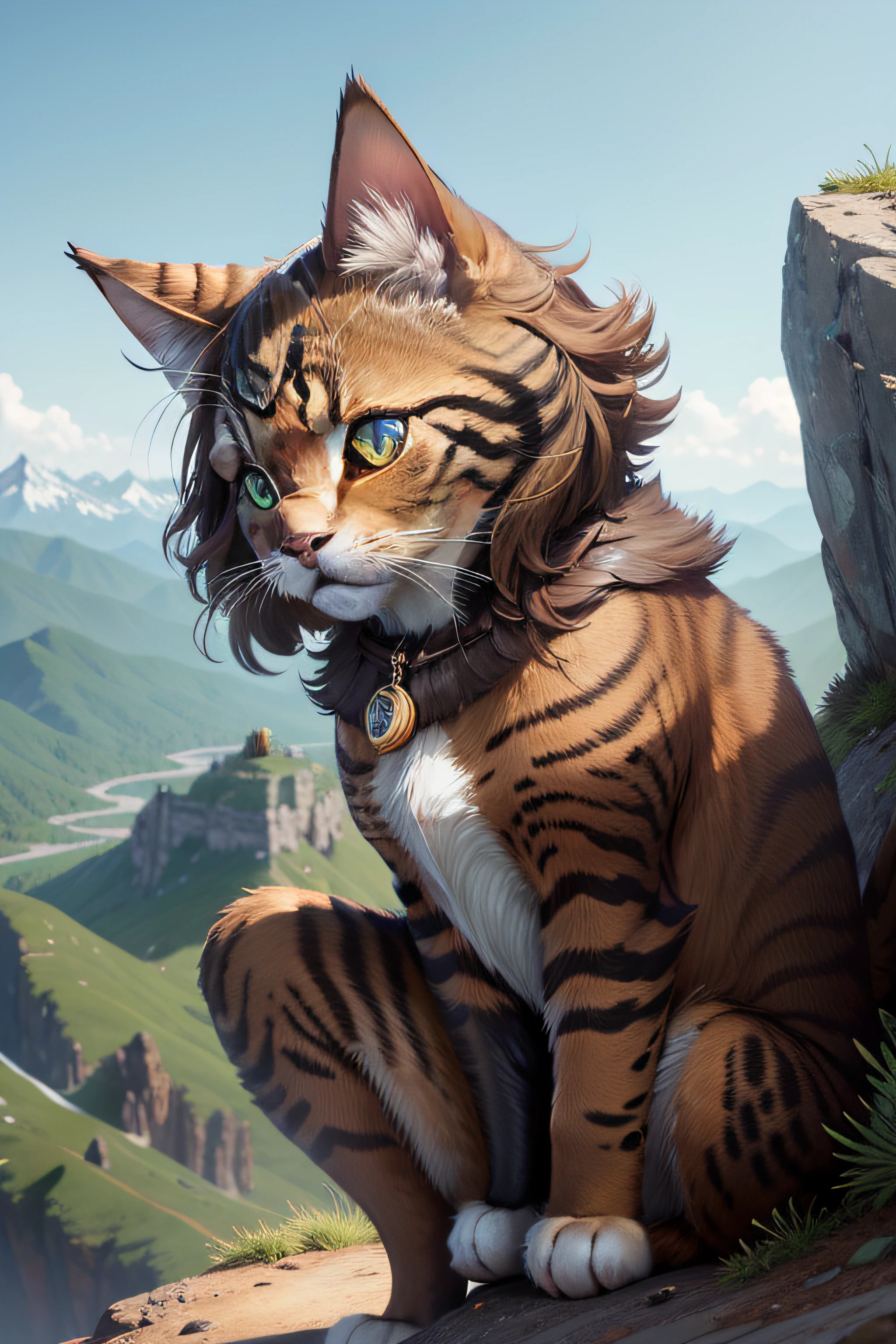 A brave brown-haired angel cat perched atop a mountain peak, surveying the landscape with a determined expression, ready to be a pathfinder.