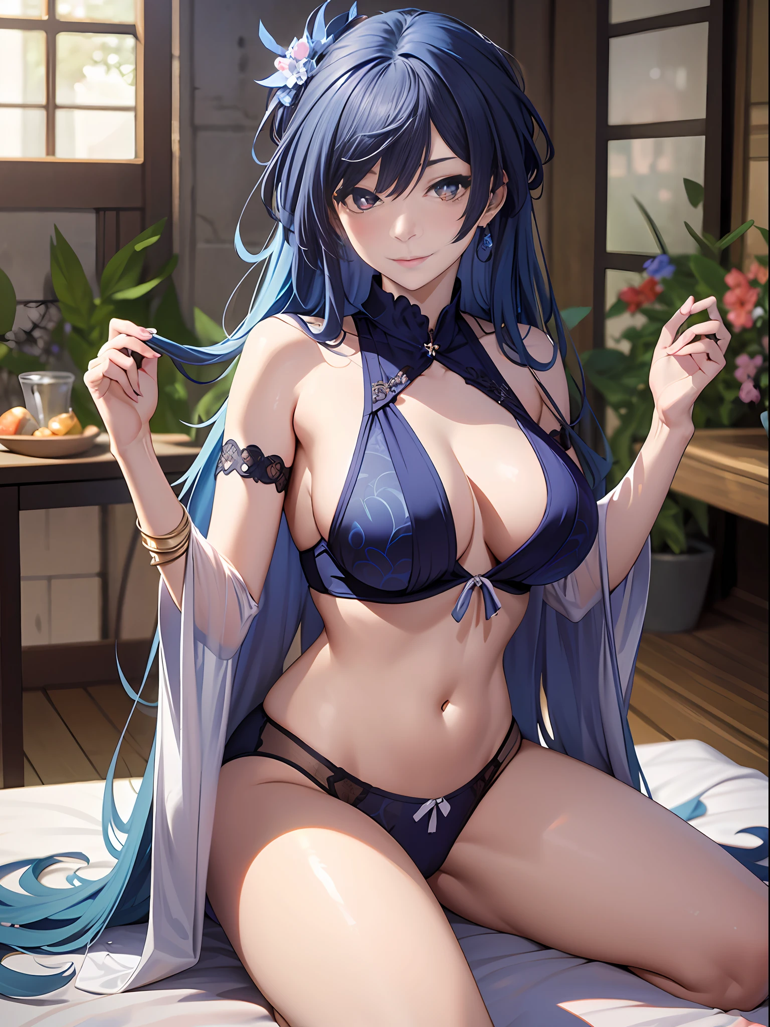 （Enrich the picture，Masterpiece level quality）Beautiful 8K CG artwork，Goddess-like posture，Kneeling exercise，Slim and soft，Translucent skin，Blue hair、The beauty of extra-long hair, Super Long Straight Hair，The skin is fair and juicy，Underwear uniforms，Perspective Part 1.2x enhanced silhouette effect，Exquisite transparent blues pattern in pajamas，The details are intricate and exquisite，The background is slightly blurred，Charming and lustful leg seduction，Drool，Extra-large big breasts，Blush，Japan goddess，Perfect body slim curves，