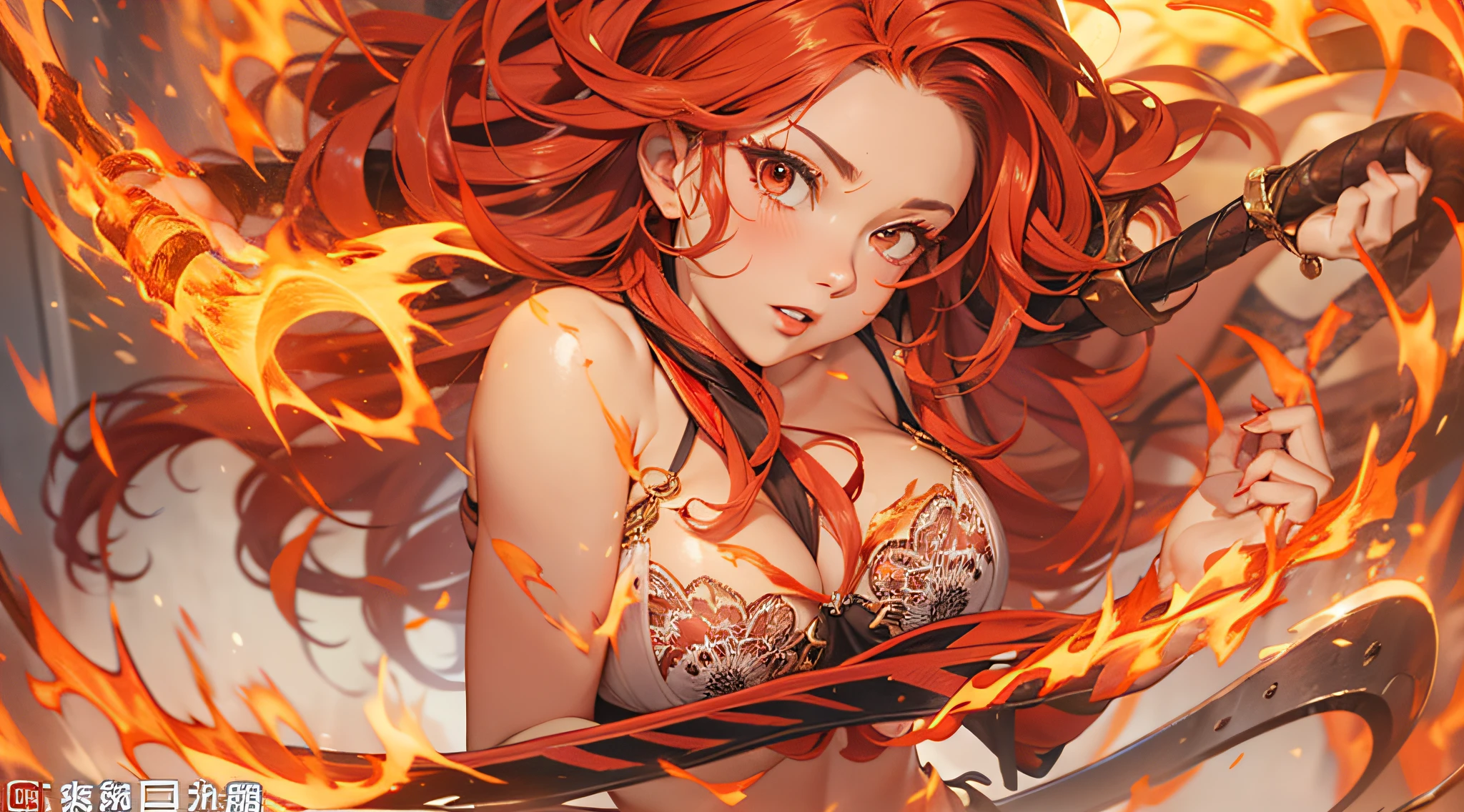 A fiery redhead long flame goddess in a flaming undergarment wields a fire whip、Anatomically correct body、masterpiece、realisitic