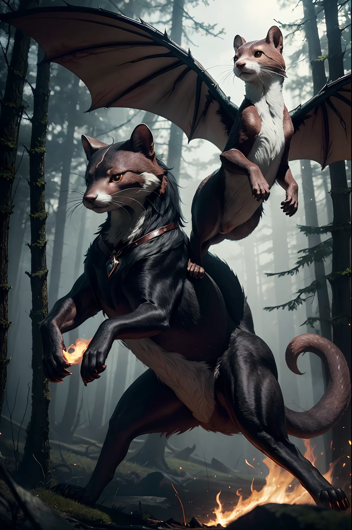 elegant and dignity atmosphere, (fantasy creatures is front paw is blade), (a floating weasel, in the tornado), smoke red eyes is glowing, forest background of cut down trees, extremely finely detailed, epic high quality, insanely beautiful illustration, ultra fine detailed skin, ultra quality, cinematic still, 16k, conceptual contrast, associate 2.5d anime illustration, rtx on, swirling vortexes,