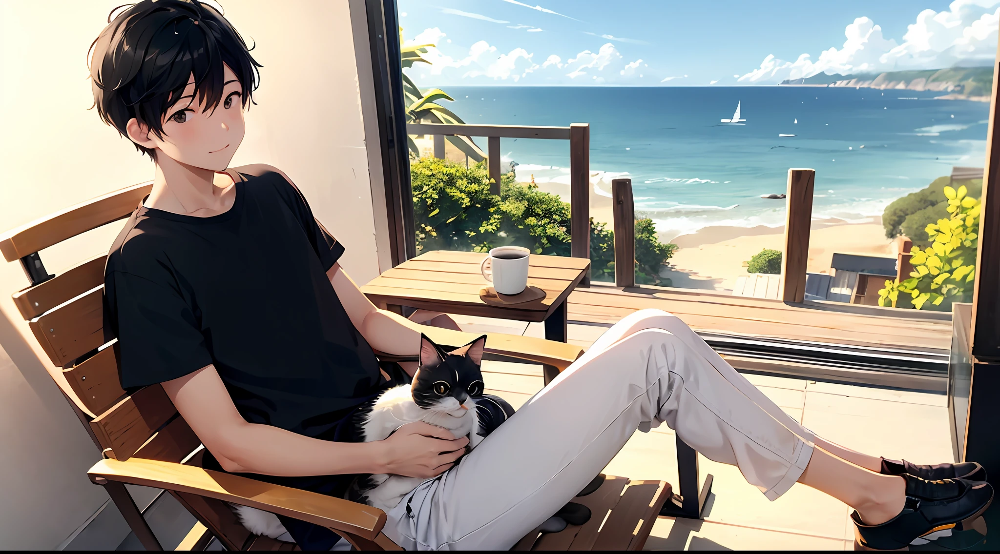 Sunny day at sunrise、On a hill with a view of the sea、With a cute cat、While sitting in a rocking chair、White shirt and、Wearing black pants、Brew coffee while looking at the sea、Men with black hair and short cuts。