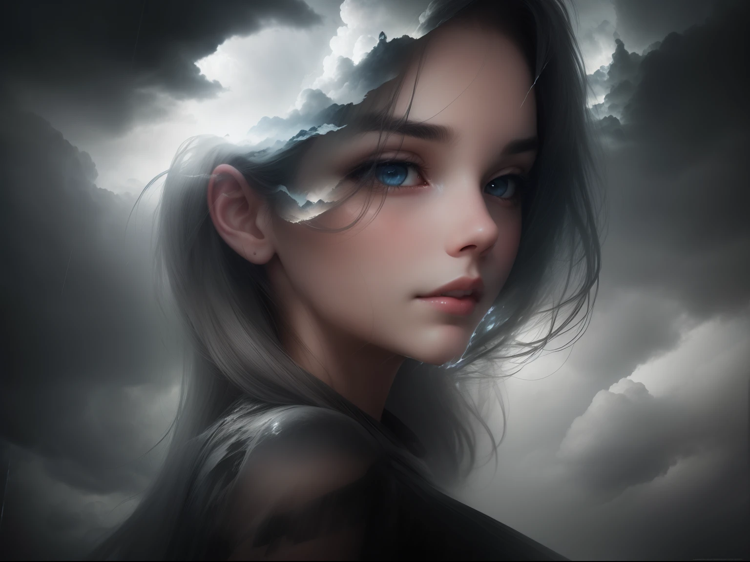 very pretty girl immersed in a giant flow of wind, living in a thunder cloud, movie poster, behind the cloud, languid sexy look, (double exposure:1.3), mist, surreal, gray atmosphere, rainy day, dynamic, lut, hdr