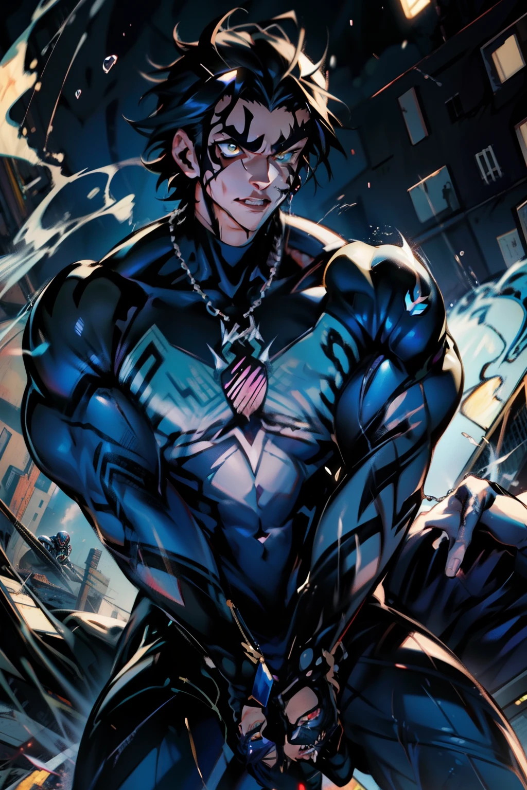 《the original god》Arataki Kazuto , male people, chest muscle, Sexy , Venom symbiote for your body, Black mucus of the body , into venom, venomize,Black bodysuit,(Cloak),Red cape,Abs,(Adult male)((Venom possession,venom symbiote)),over-Tortoise Man,Battle damage,((Masterpiece)), ((Best quality)), Ultra detailed,((illustration)), Dynamic Angle, Detailed light, (Delicate eyes), Floating, 1boy, Male focus, Head, Clothing, Yellow eyes, necklace, tattoo, (Forehead:0.8), (ahoge:0.8), jewelry, brunette color hair,apathy,Ray, chest muscle, Sexy , Venom symbiote for your body, Black mucus of the body , (into venom), Venom,frontage,Bust photo,White tight-fitting top,spiderman outfit,style of anime4 K, 4K anime wallpaper, Badass anime 8 K, 4 k comic wallpaper, young anime man, Anime boys, Anime wallpapers 4 k, Anime wallpaper 4K, High quality anime art style, Anime moe art style, Anime art wallpaper 8 K, Anime art wallpaper 4 K, RGB lighting,