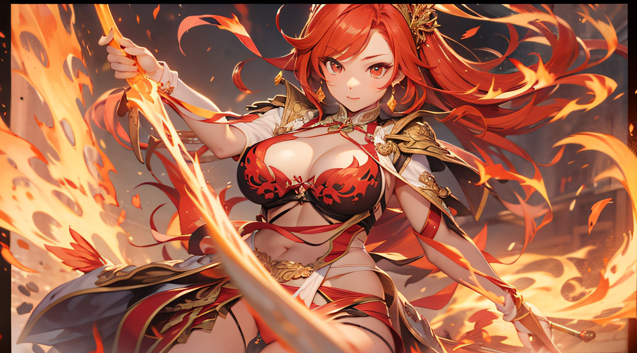 A fiery redhead long flame goddess in a flaming undergarment wields a fire whip、Anatomically correct body、​masterpiece、realisitic
