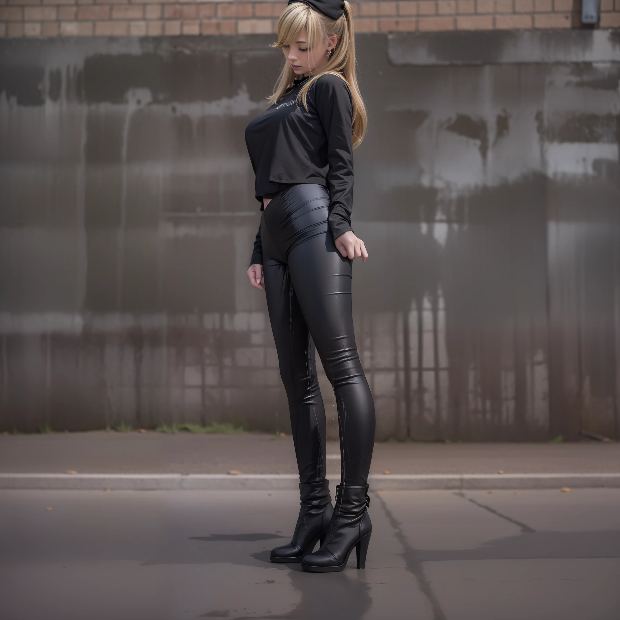 I am a girl. I soaked in black satin leggings . pee, wet spot on leggings