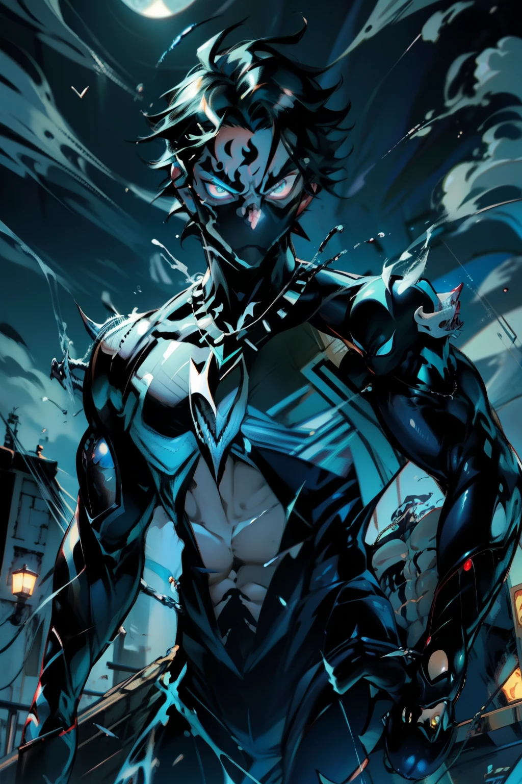 《the original god》Arataki Kazuto , male people， chest muscle， Sexy , Venom symbiote for your body, Black mucus of the body , into venom, venomize，Black bodysuit，（Cloak），Red cape，Abs，（Adult male）（（Venom possession，venom symbiote）），over-Tortoise Man，Battle damage，((Masterpiece)), ((Best quality)), Ultra detailed,((illustration)), Dynamic Angle, Detailed light, (Delicate eyes), Floating, 1boy, Male focus, Head, Clothing, Yellow eyes, necklace, tattoo, (Forehead:0.8), (ahoge:0.8), jewelry, brunette color hair,apathy，Ray， chest muscle， Sexy , Venom symbiote for your body, Black mucus of the body , （into venom）, Venom，frontage，Bust photo，White tight-fitting top，spiderman outfit，style of anime4 K， 4K anime wallpaper， Badass anime 8 K， 4 k comic wallpaper， young anime man， Anime boys， Anime wallpapers 4 k， Anime wallpaper 4K， High quality anime art style， Anime moe art style， Anime art wallpaper 8 K， Anime art wallpaper 4 K， RGB lighting，