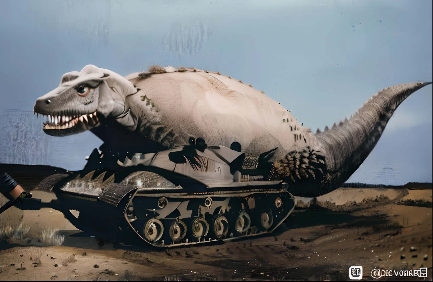 In the desert Gobi,Monsters mixed with creatures and machinery,Upper half scaly dinosaur,Lower tank track construction