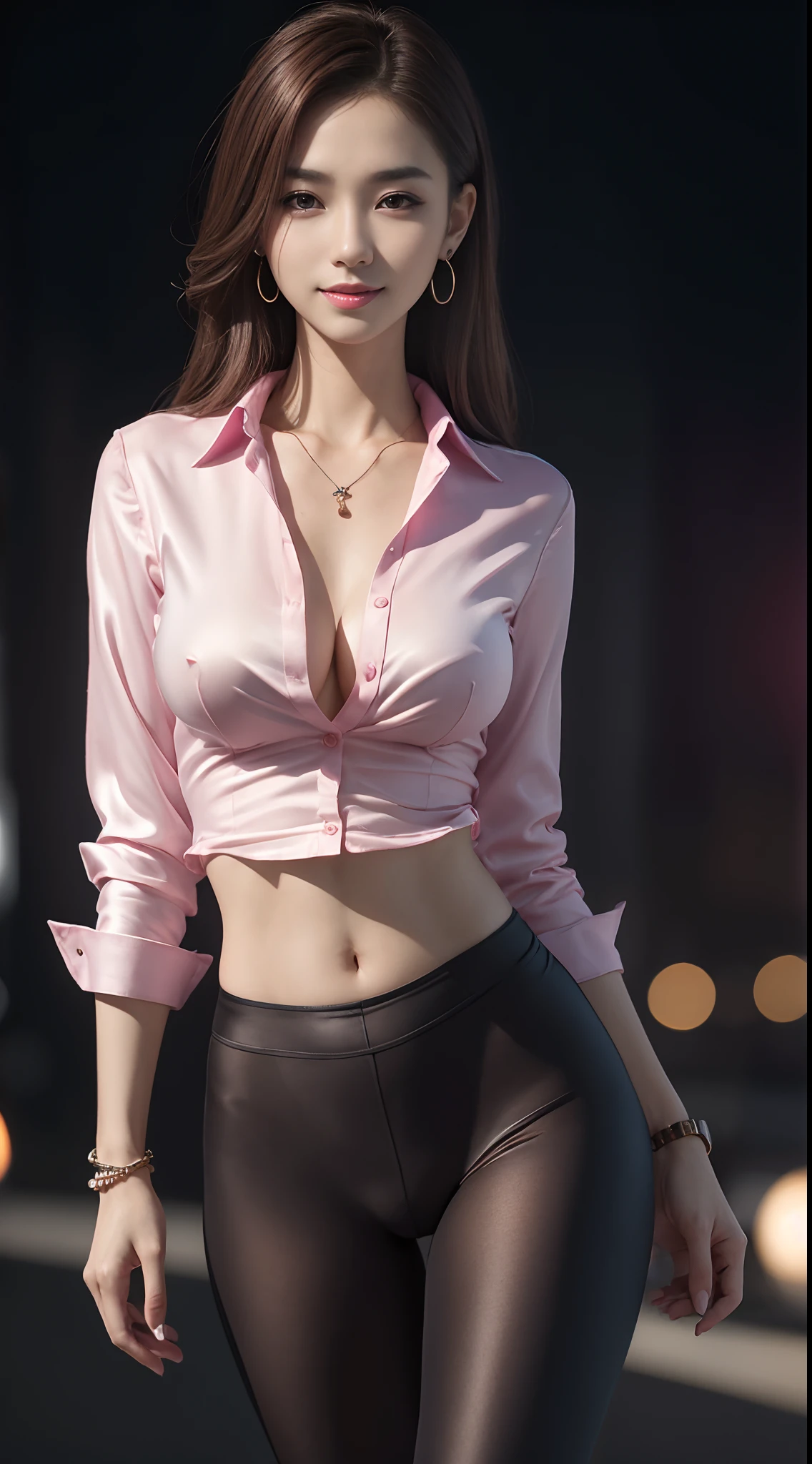 8k, masterpiece, RAW photo, best quality, photorealistic, extremely detailed CG unity 8k wallpaper, Depth of field, Cinematic Light, Lens Flare, Ray tracing, (extremely beautiful face, beautiful lips, beautiful eyes), intricate detail face, ((ultra detailed skin)) 1girl, in the dark, deep shadow, pretty korean girl, kpop idol, 1 girl, (very slim slender fit-muscled body:1.3), ((looking at viewer)),(big smile:1.3), (tight pink pants), (laced pants), (midnight, dark night, (neon sign), (blurred background), dim light), (without people in the background:1.3), beautiful earrings, bracelets, necklace, pantyhose, clear eyes, walking , front shot, (pale skin), (big eyes), face forward, (full body shot), ((silk hot pink shirt)), (brown hairs), (tight laced shirt), open navel, (looking at viewer:1.3) very slim, medium breasts, hermes bag, (camel toe), thick thighs
