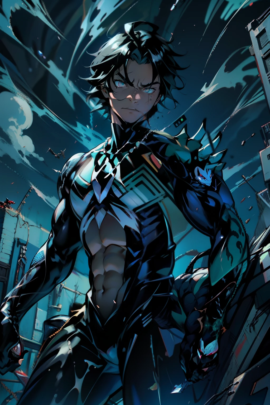 《the original god》Arataki Kazuto , male people, chest muscle, Sexy , Venom symbiote for your body, Black mucus of the body , into venom, venomize,Black bodysuit,(Cloak),Red cape,Abs,(Adult male)((Venom possession,venom symbiote)),over-Tortoise Man,Battle damage,((Masterpiece)), ((Best quality)), Ultra detailed,((illustration)), Dynamic Angle, Detailed light, (Delicate eyes), Floating, 1boy, Male focus, Head, Clothing, Yellow eyes, necklace, tattoo, (Forehead:0.8), (ahoge:0.8), jewelry, brunette color hair,apathy,Ray, chest muscle, Sexy , Venom symbiote for your body, Black mucus of the body , (into venom), Venom,frontage,Bust photo,White tight-fitting top,spiderman outfit,style of anime4 K, 4K anime wallpaper, Badass anime 8 K, 4 k comic wallpaper, young anime man, Anime boys, Anime wallpapers 4 k, Anime wallpaper 4K, High quality anime art style, Anime moe art style, Anime art wallpaper 8 K, Anime art wallpaper 4 K, RGB lighting,