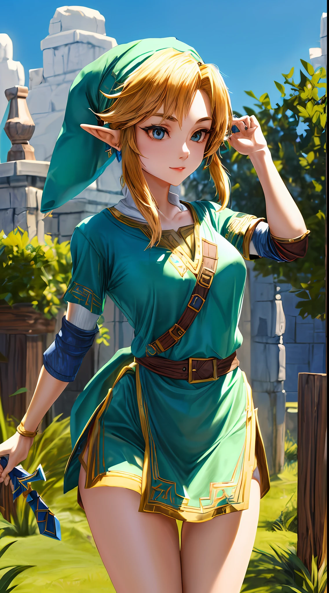 "Create a stunning masterpiece with the best quality featuring a solo female character inspired by The Legend of Zelda. Emphasize her iconic tunic, hat, and captivating presence. Ensure the depiction showcases her proportions elegantly."