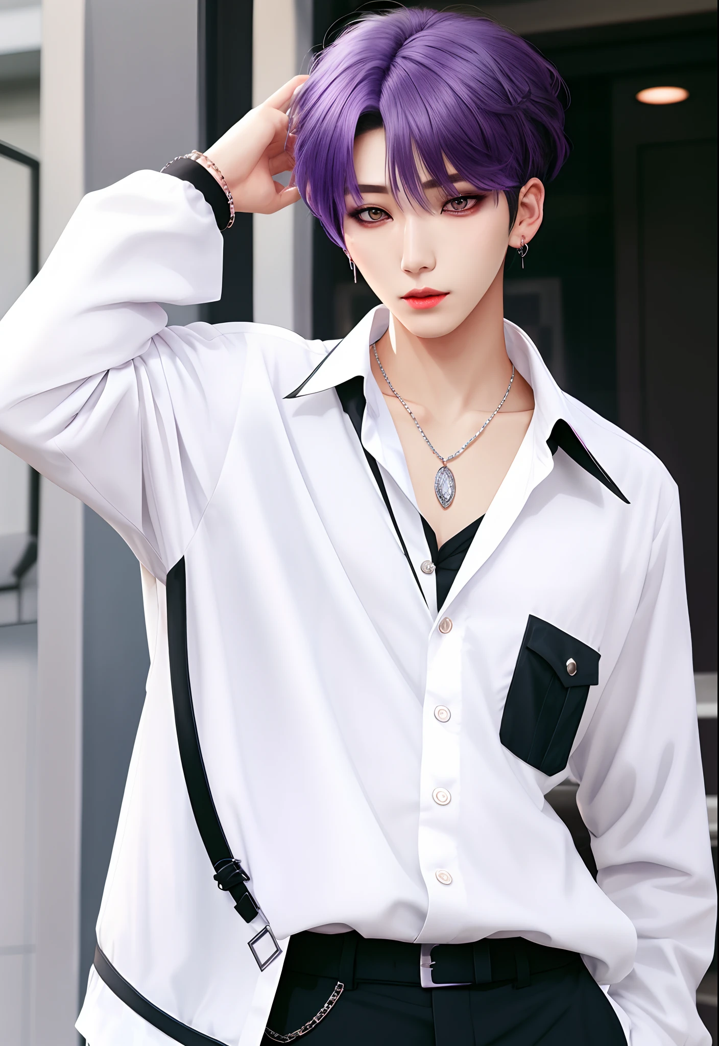 white backgrounid, Idol Photos, Professional Photos, At Fed Man with Necklace, inspired by Sim Sa-jeong, androgynous vampire, :9 detailed face: 8, extra detailed face, detailed punk hair, ((Gray)) baggy eyes, Seductive. Highly detailed, semi realistic anime, Vampires, hyperrealistic teen, delicate androgynous prince, imvu, Purple hair, Gray eyes, Black Short Sleeve Shirt and White Pants Summer Clothes Korean Fashion, Hiding both eyes with bangs, I can't see both eyes with bangs, Long bangs, short hair above the ears, Glaring expression