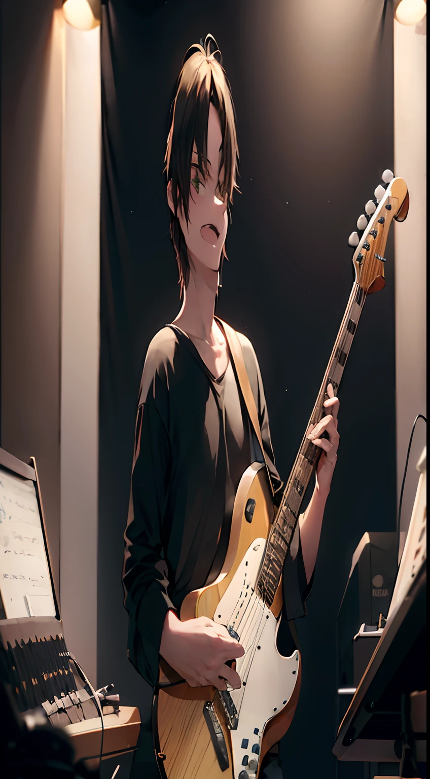 there is a man that is playing a guitar in a room, playing guitar on stage, acoustic guitarrista, Jonny Greenwood (Guitarra), holding an electric guitar, Mateo Dineen, holding an electric guitar, miles johnstone, Ed O'Brien (acoustic guitar), playing electric guitar, holding Electric Guitar, Yuya Nagai, Man playing guitar, Apresentando-se no palco, Elliot Alderson