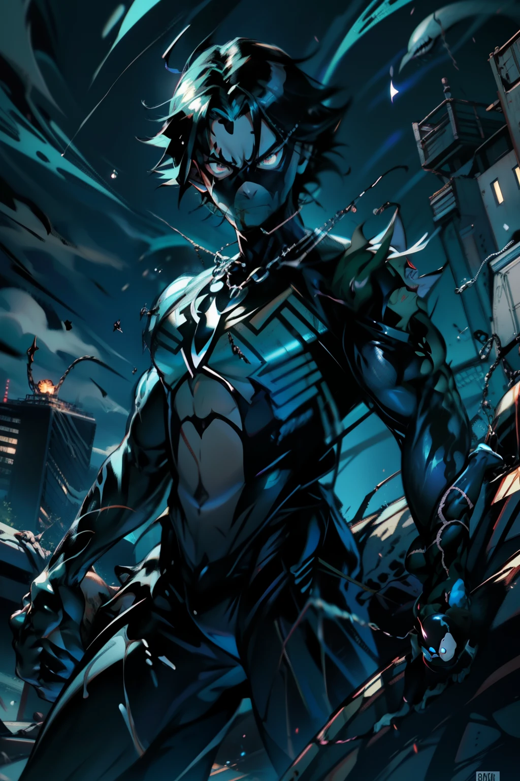 《the original god》Arataki Kazuto , male people， chest muscle， Sexy , Venom symbiote for your body, Black mucus of the body , into venom, venomize，Black bodysuit，（Cloak），Red cape，Abs，（Adult male）（（Venom possession，venom symbiote）），over-Tortoise Man，Battle damage，((Masterpiece)), ((Best quality)), Ultra detailed,((illustration)), Dynamic Angle, Detailed light, (Delicate eyes), Floating, 1boy, Male focus, Head, Clothing, Yellow eyes, necklace, tattoo, (Forehead:0.8), (ahoge:0.8), jewelry, brunette color hair,apathy，Ray， chest muscle， Sexy , Venom symbiote for your body, Black mucus of the body , （into venom）, Venom，frontage，Bust photo，White tight-fitting top，spiderman outfit，style of anime4 K， 4K anime wallpaper， Badass anime 8 K， 4 k comic wallpaper， young anime man， Anime boys， Anime wallpapers 4 k， Anime wallpaper 4K， High quality anime art style， Anime moe art style， Anime art wallpaper 8 K， Anime art wallpaper 4 K， RGB lighting，