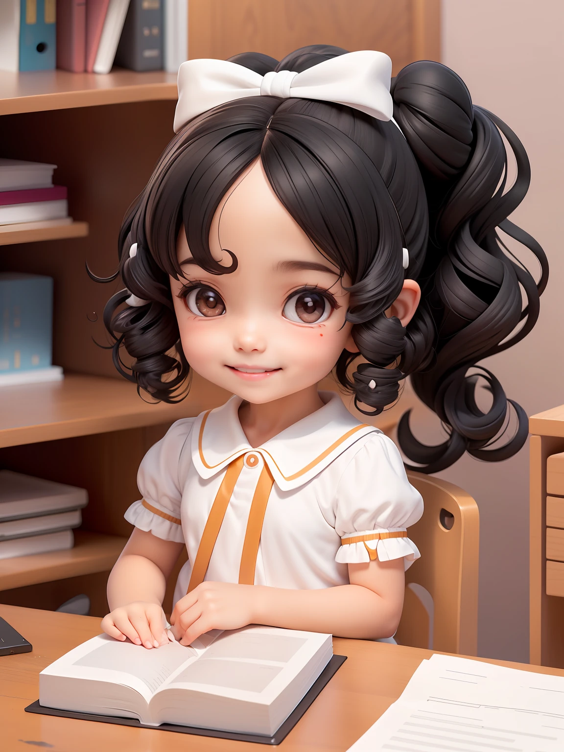 a , (forehead clear), black hair, ((curly hair)), 1side ponytail, (white clothing), short sleeves shirt, puffy sleeves, smiling, sitting at a desk with a book