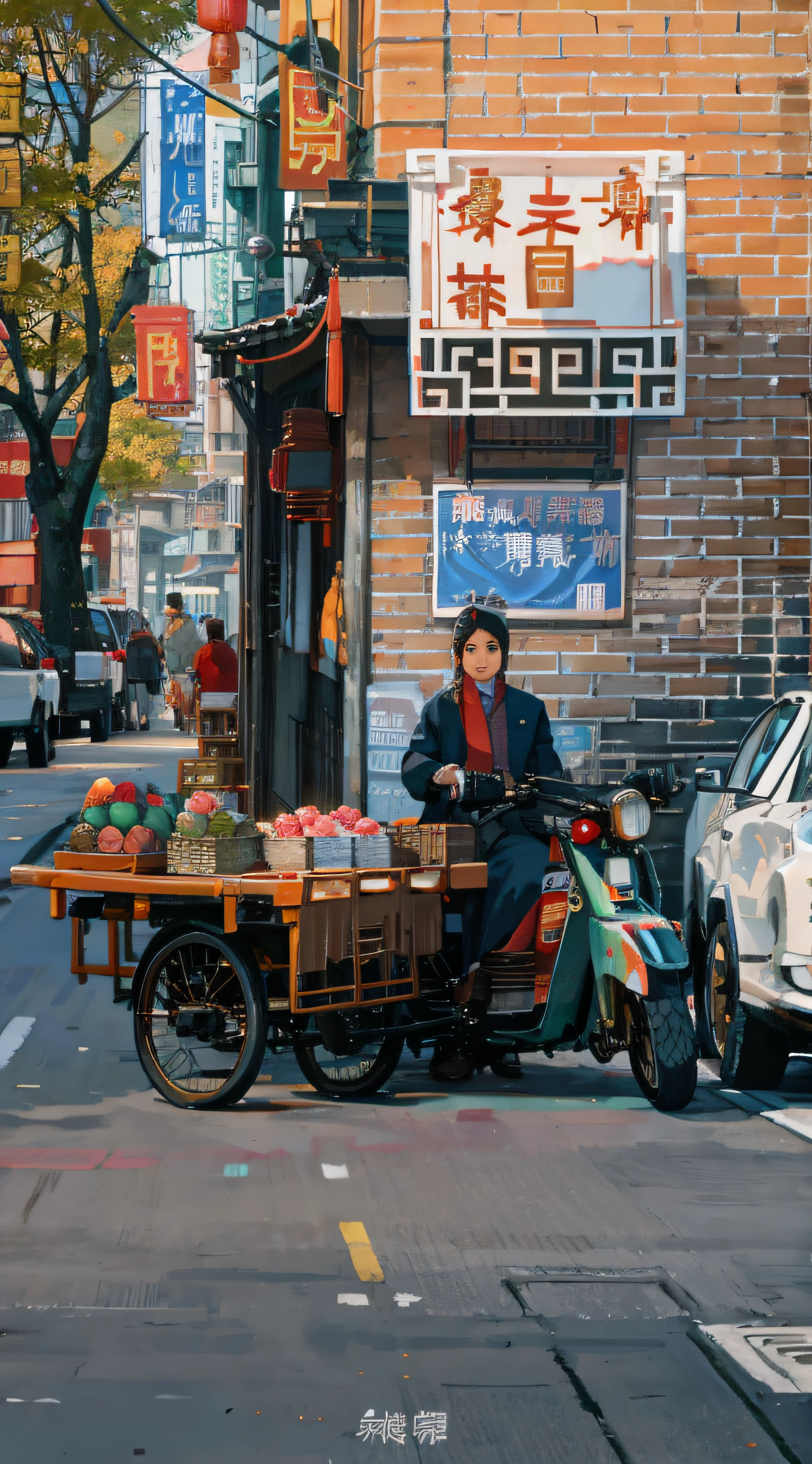 There was a woman standing next to a tricycle,Lots of fruit on board, street vendors, golden hour in beijing, in a city street, Chinese woman, street photos, street photos, Color film street photography, selling his wares, Have on the street, chinese artist, in a narrow chinese alley, in city street, Have on the street, baotou china, Street scene