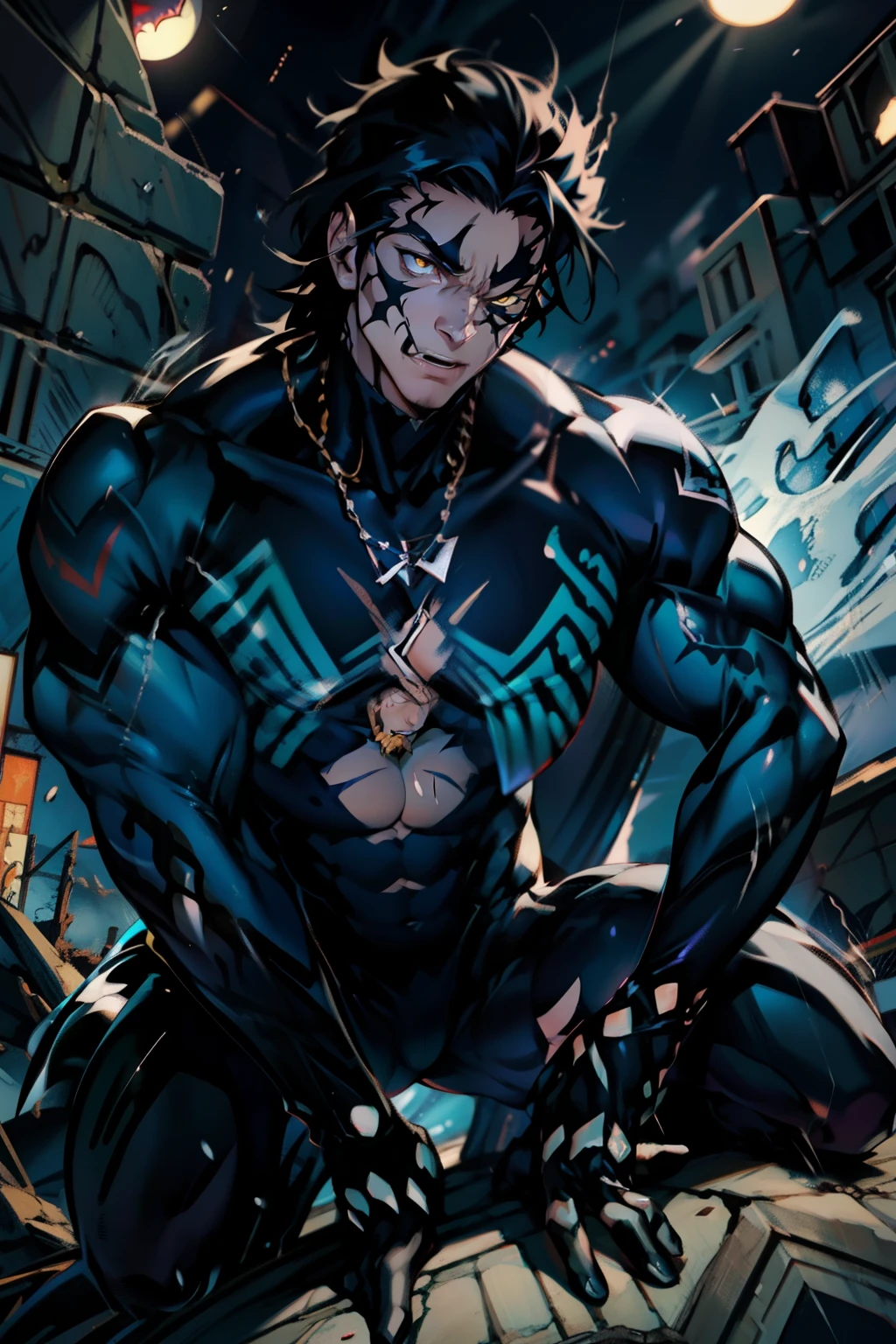 《the original god》Arataki Kazuto , male people， chest muscle， Sexy , Venom symbiote for your body, Black mucus of the body , into venom, venomize，Black bodysuit，（Cloak），Red cape，Abs，（Adult male）（（Venom possession，venom symbiote）），over-Tortoise Man，Battle damage，((Masterpiece)), ((Best quality)), Ultra detailed,((illustration)), Dynamic Angle, Detailed light, (Delicate eyes), Floating, 1boy, Male focus, Head, Clothing, Yellow eyes, necklace, tattoo, (Forehead:0.8), (ahoge:0.8), jewelry, brunette color hair,apathy，Ray， chest muscle， Sexy , Venom symbiote for your body, Black mucus of the body , （into venom）, Venom，frontage，Bust photo，White tight-fitting top，spiderman outfit，style of anime4 K， 4K anime wallpaper， Badass anime 8 K， 4 k comic wallpaper， young anime man， Anime boys， Anime wallpapers 4 k， Anime wallpaper 4K， High quality anime art style， Anime moe art style， Anime art wallpaper 8 K， Anime art wallpaper 4 K， RGB lighting，