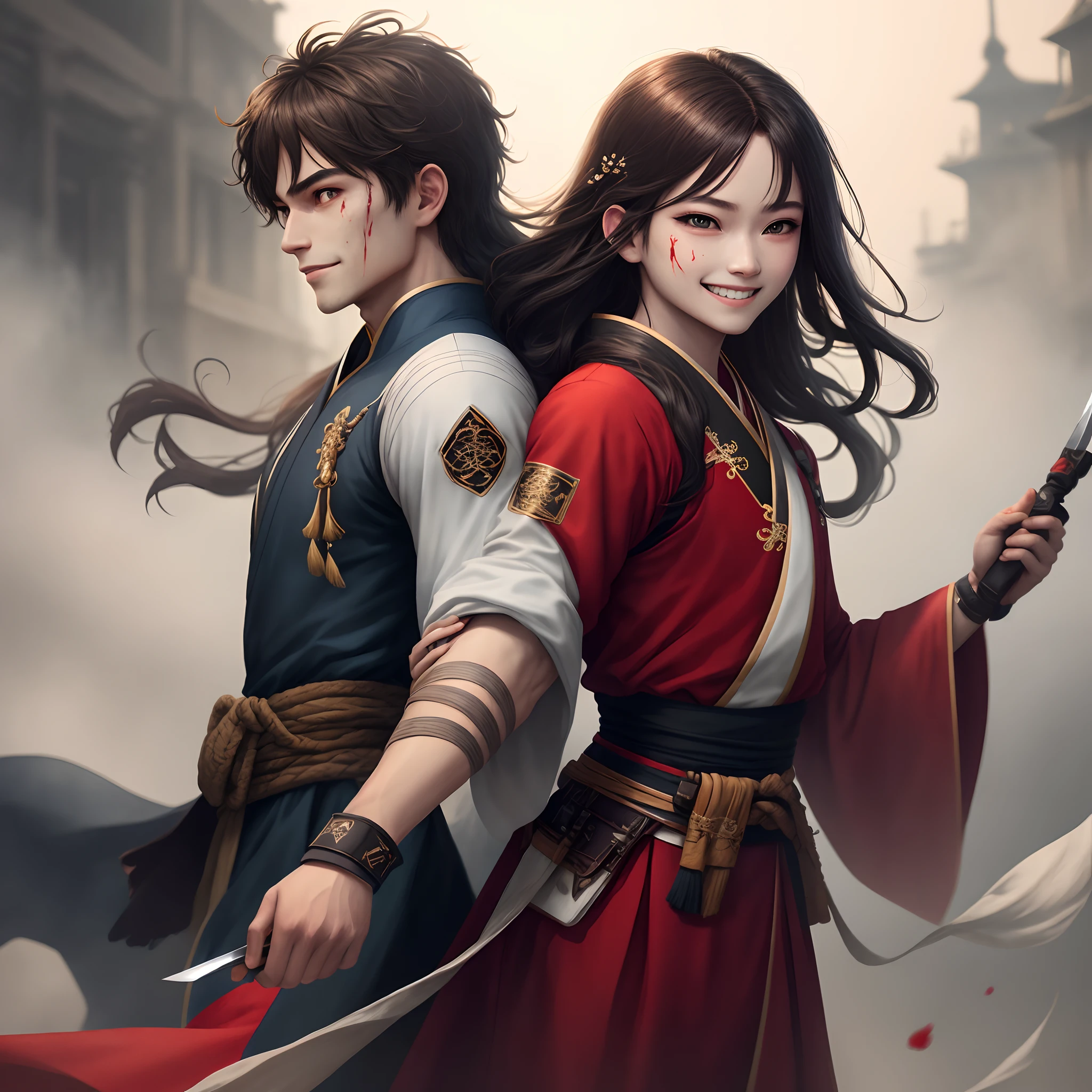 RAW photos,4k,realisticlying,Exquisitely Detailed Skin),tmasterpiece,best qualtiy,offcial art,Unity 8k壁纸,ultra - detailed,(gentlesoftlighting),Cinematic look,high saturated,Best Anatomy,volume fog,Slim body,full bodyesbian,1boys,looking at viewert,Red clothes,(With a weapon on the waist),knifes,long whitr hair,brunette color hair,独奏,blood,arm guards,the complex background,looking at viewert,黑The eye,cloths,Floating hair,evil grin smile,Hanfu,dynamic movements,dynamicposes,Bandages wrapped around hands,The wind carries dust,
