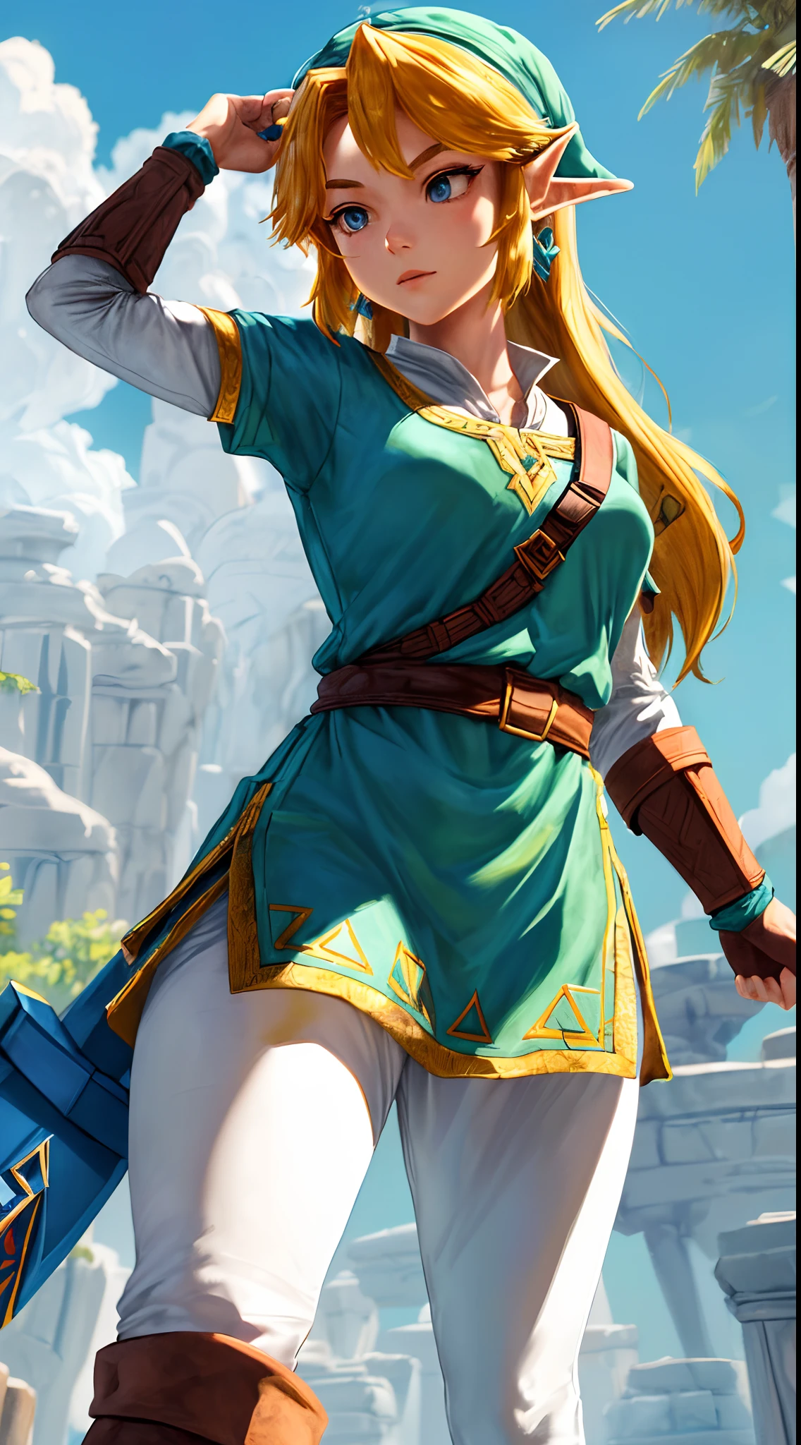 "Create a stunning masterpiece with the best quality featuring a solo female character inspired by The Legend of Zelda. Emphasize her iconic tunic, hat, and captivating presence. Ensure the depiction showcases her proportions elegantly, shot is taken looking down."