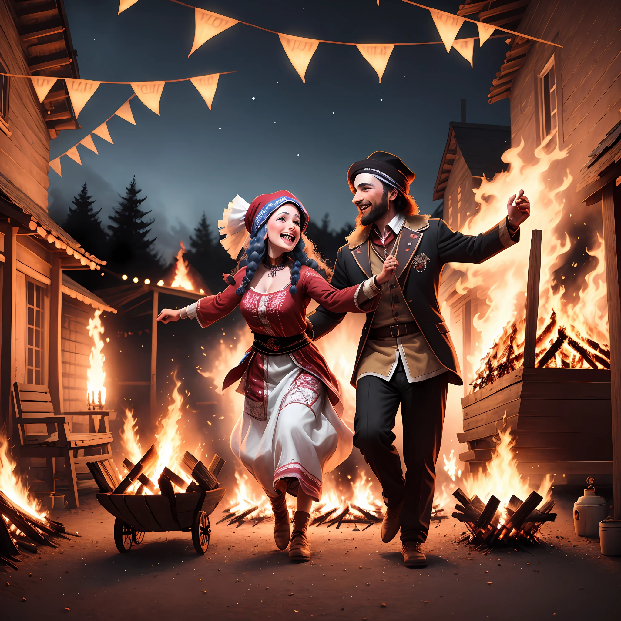 gypsy people dancing around a bonfire and next to a wagon with the gypsy flag