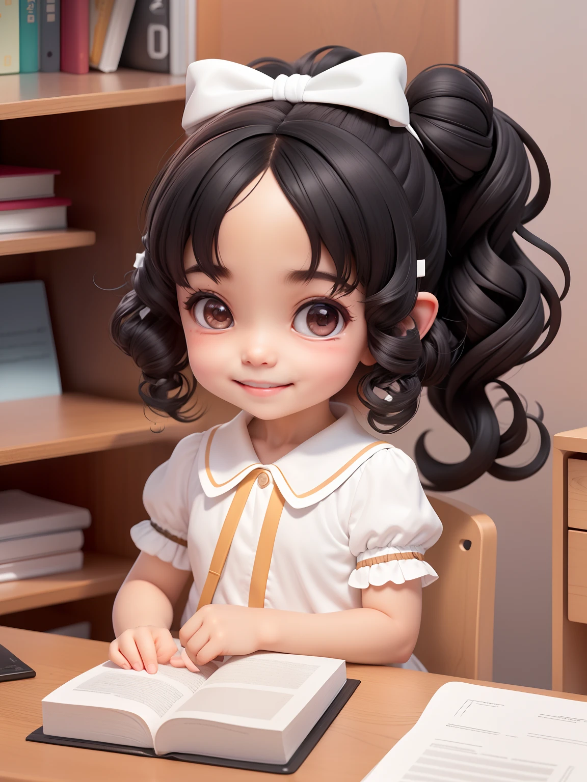 a , (forehead clear), black hair, ((curly hair)), 1side ponytail, (white clothing), short sleeves shirt, puffy sleeves, smiling, sitting at a desk with a book