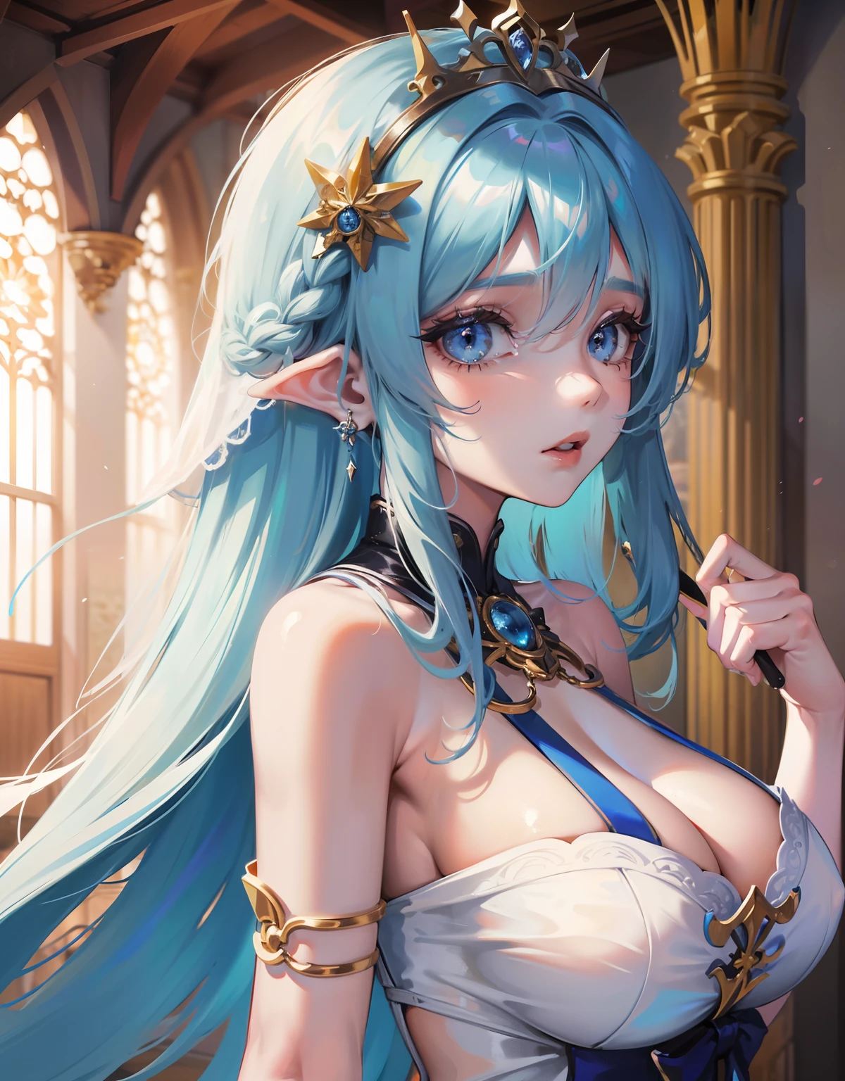 Mulher nova acorrentada com cabelo rapunzel azul extremamente longo e intenso, ((cabelo da cor azul intenso e forte)), Orelhas de elfo e chifres brancos em uma arena grega in a long white short dress all wet sentada com correntes em volta do corpo, Ela tem um corpo volumoso e os seios, breasts and bust are huge, ela tem um rosto macio delicado lindo e perfeito.