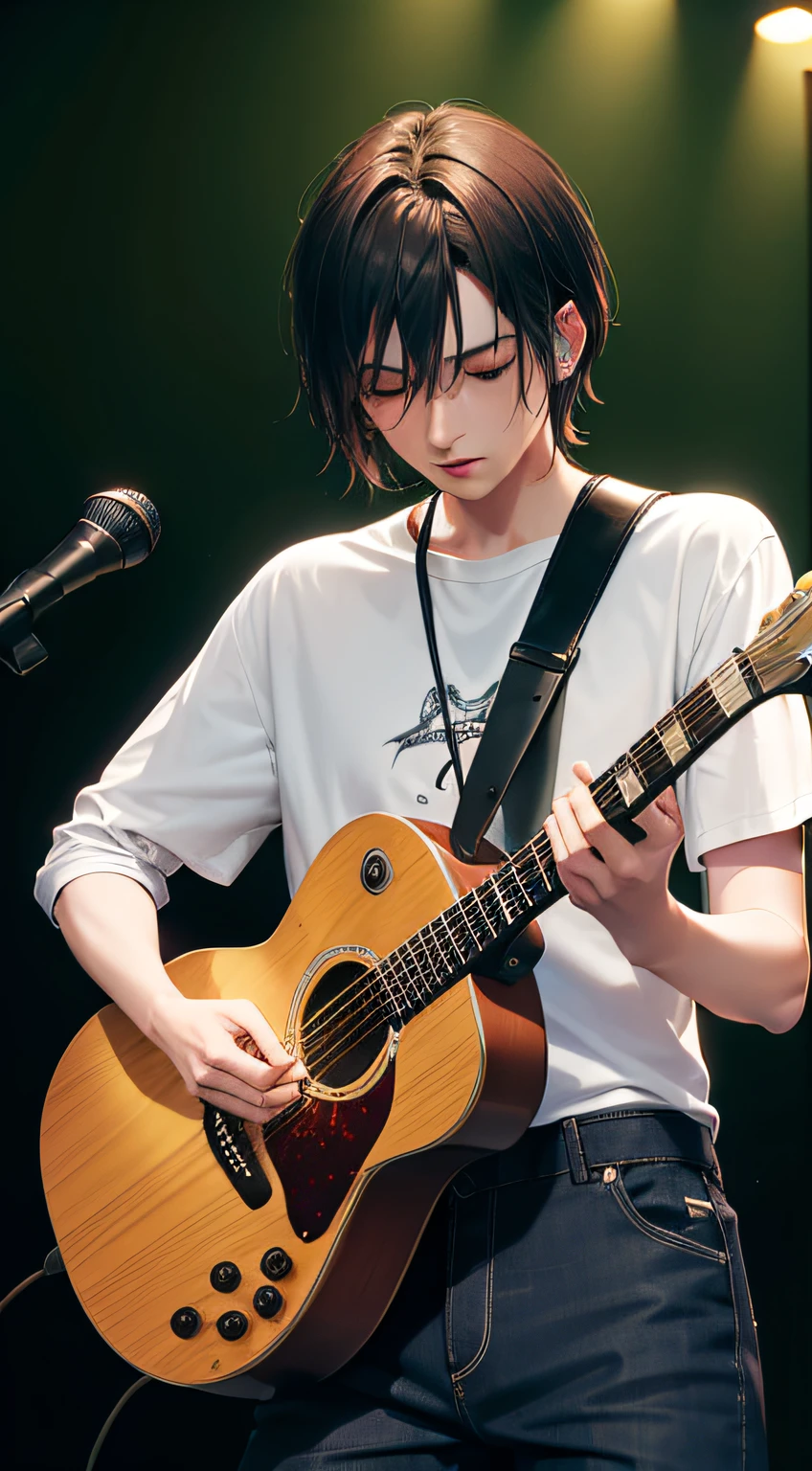 there is a man that is playing a guitar in a room, playing guitar on stage, acoustic guitarrista, Jonny Greenwood (acoustic guitar), holding an electric guitar, Mateo Dineen, holding an electric guitar, miles johnstone, Ed O'Brien (acoustic guitar), playing electric guitar, holding Electric Guitar, Yuya Nagai, Man playing guitar, Apresentando-se no palco, Elliot Alderson