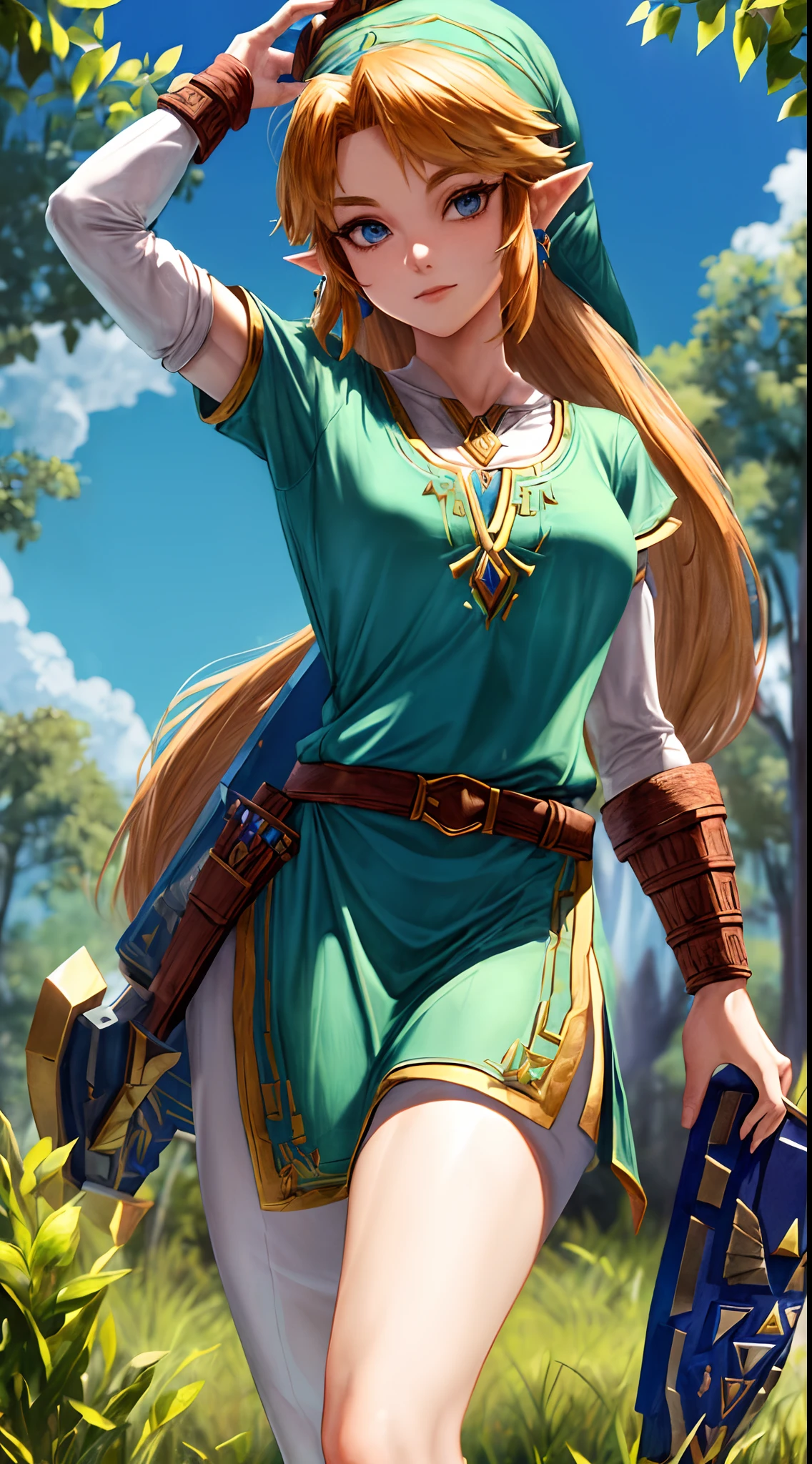 "Create a stunning masterpiece with the best quality featuring a solo female character inspired by The Legend of Zelda. Emphasize her iconic tunic, hat, and captivating presence. Ensure the depiction showcases her proportions elegantly, shot is taken looking down."