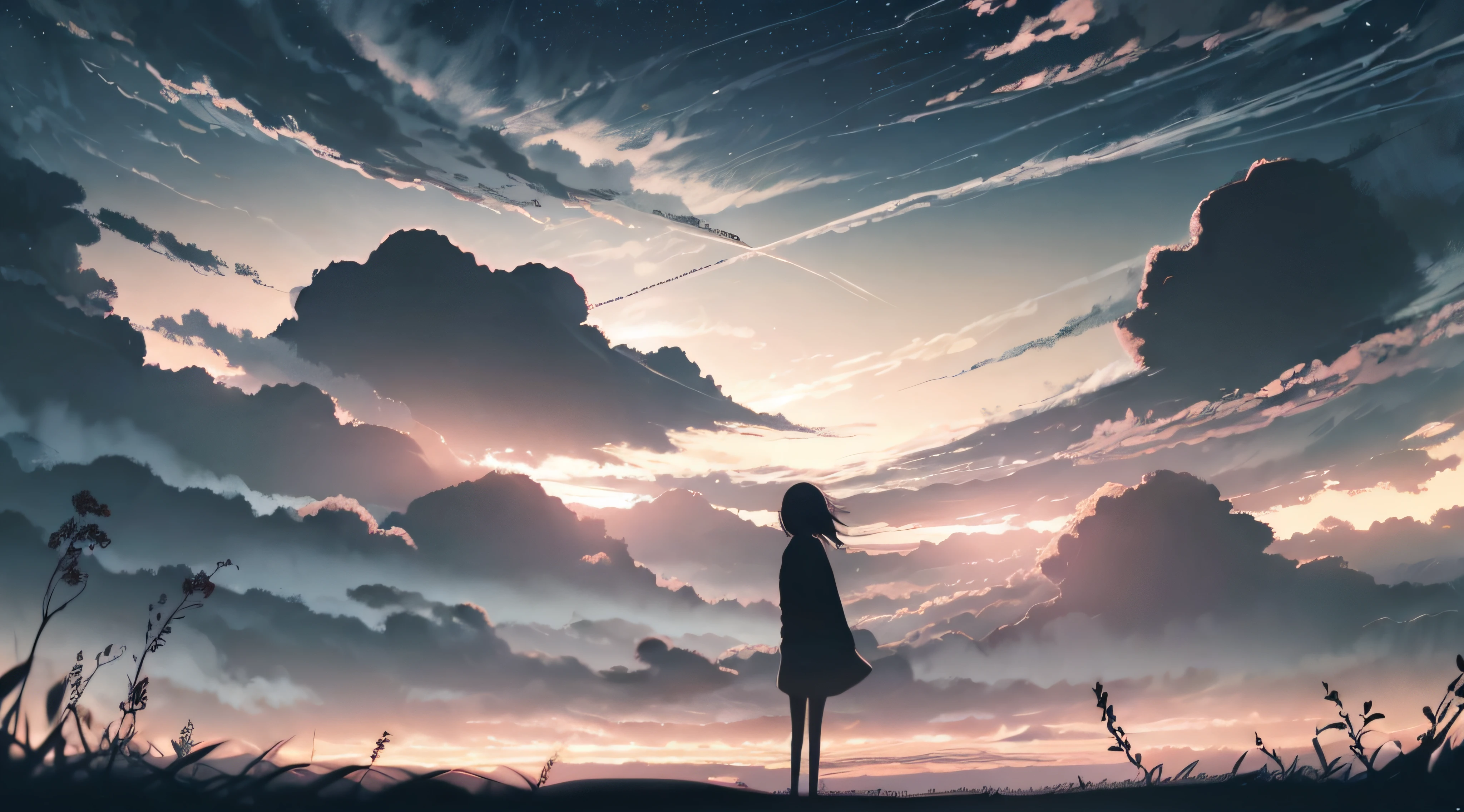 animesque, Japanese animation, silhouette, sao(sky), clouds, Natural scenery, wood, plein air, skyscraper, natta, night sky, Sundown, Skyline, 1 month