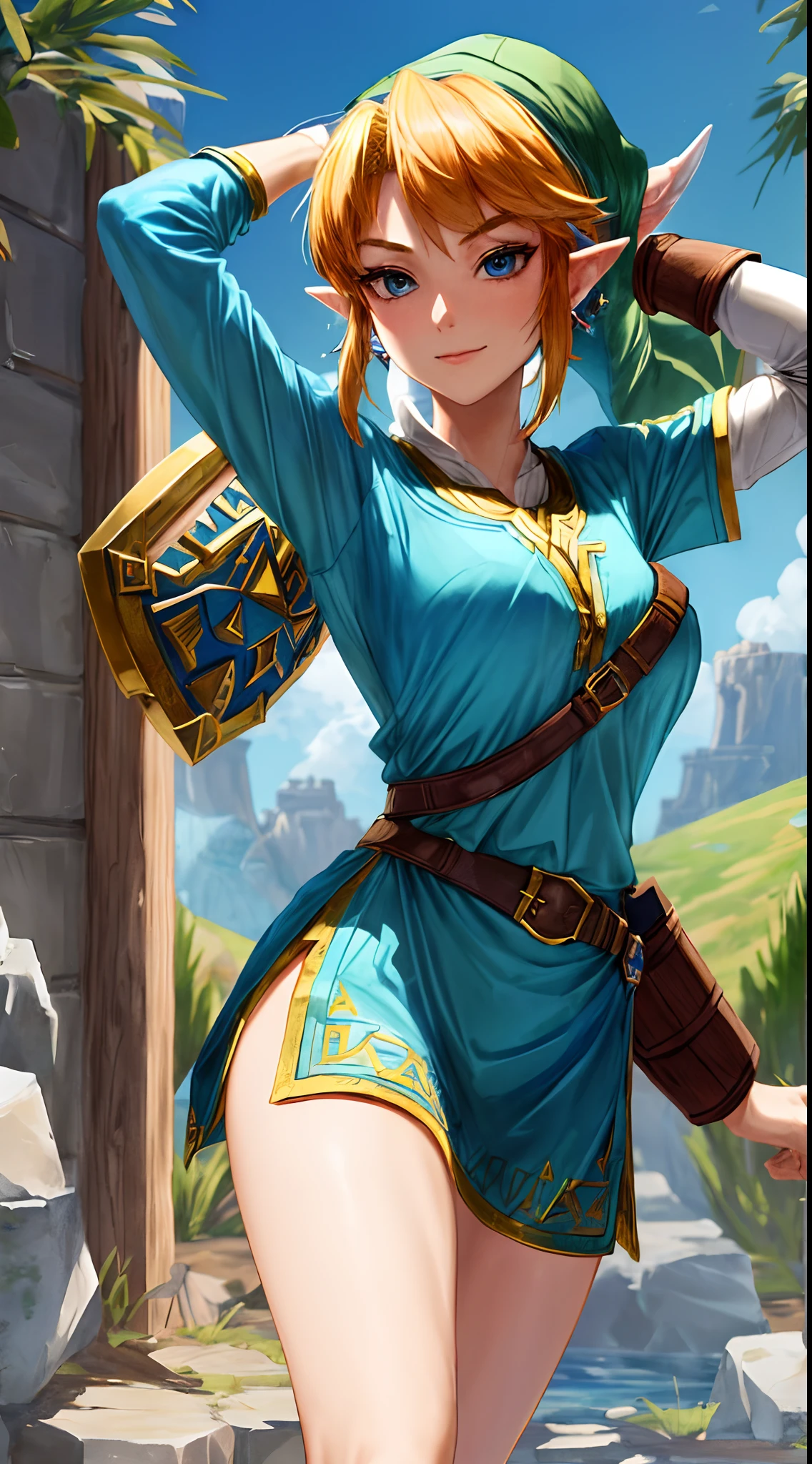"Create a stunning masterpiece with the best quality featuring a solo female character inspired by The Legend of Zelda. Emphasize her iconic tunic, hat, and captivating presence. Ensure the depiction showcases her proportions elegantly."