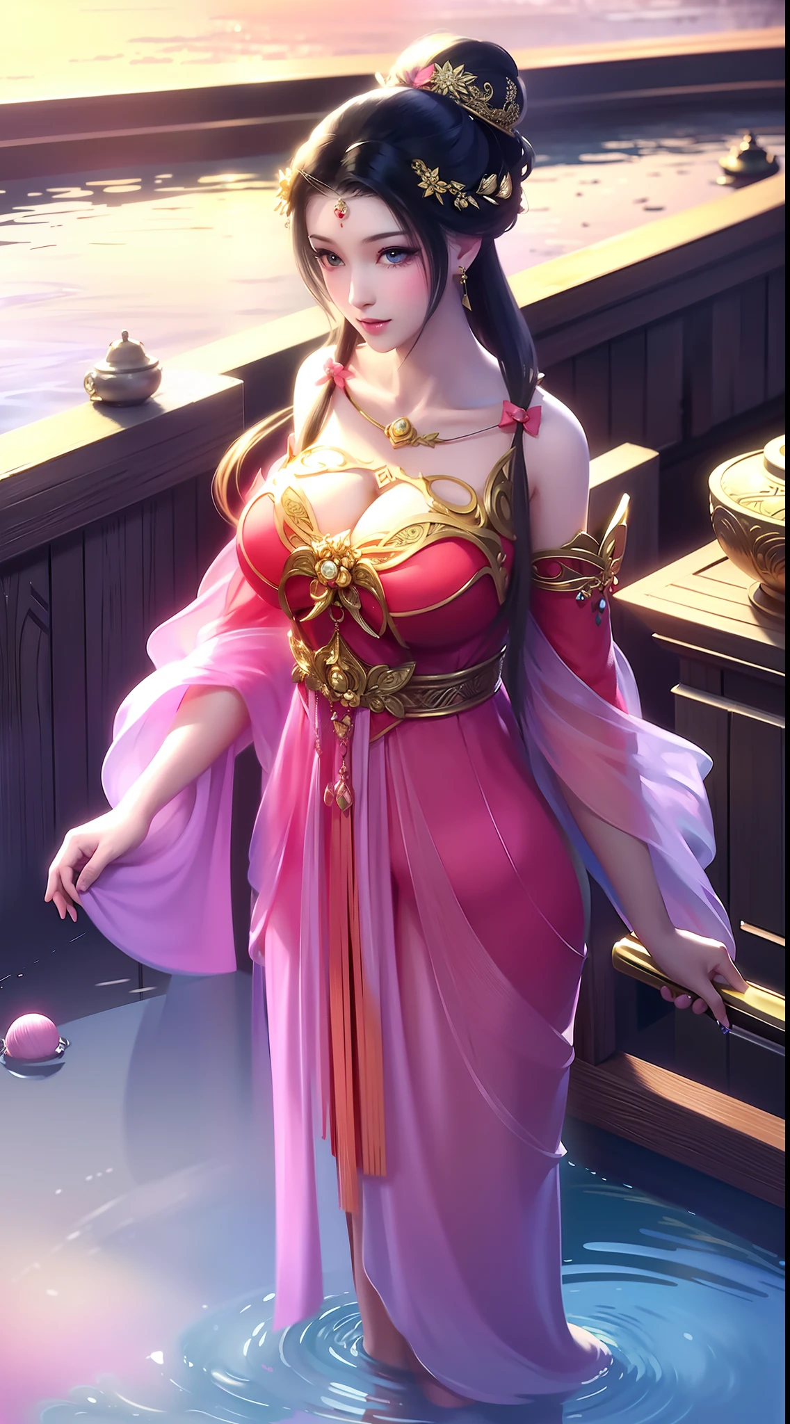 tmasterpiece,Need,highdetailRAWcolorphoto,full bodyesbian,best qualtiy,Intricate detailing,A girl,Absolutely beautiful,独奏,Hanfu(Open the ventral bifurcation end),Expose the collarbone,show legs,(Breast enlargement:C cup),cabelos preto e longos,hair-bun,hair adornments,Seasonal hairstyles,Facial highlights,ssmile,is shy,looking to the camera,Lightweight lipstick,prette,adolable,Raised sexy,best illuminate,full bodyesbian,Indoor hot spring bath pond,Nice bath,Clean bath,sitted,Capture from different angles,Highest definition,Highest high resolution,16k,