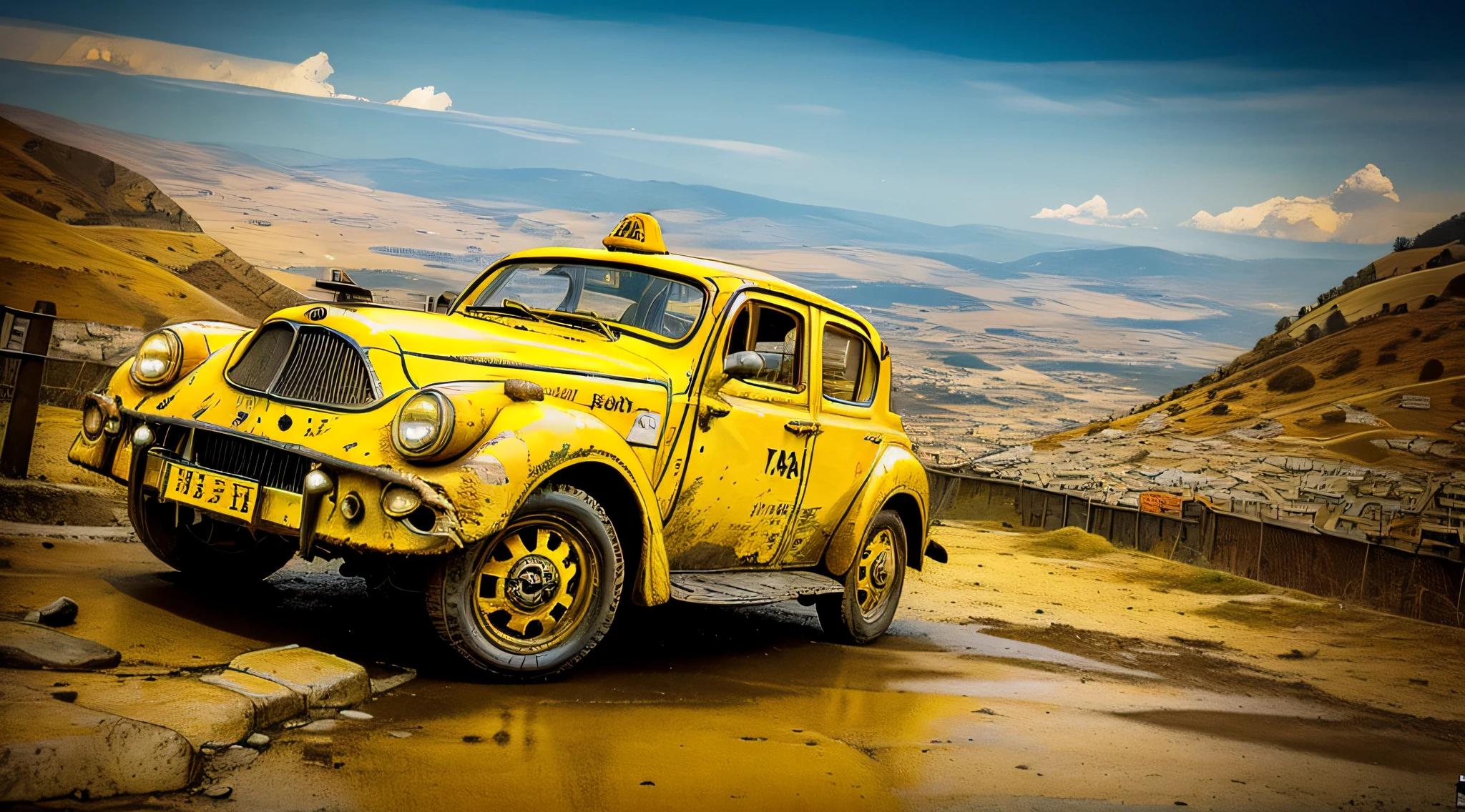 A yellow taxi during World War I. cores vivas e vibrantes. scenery complementing the scene