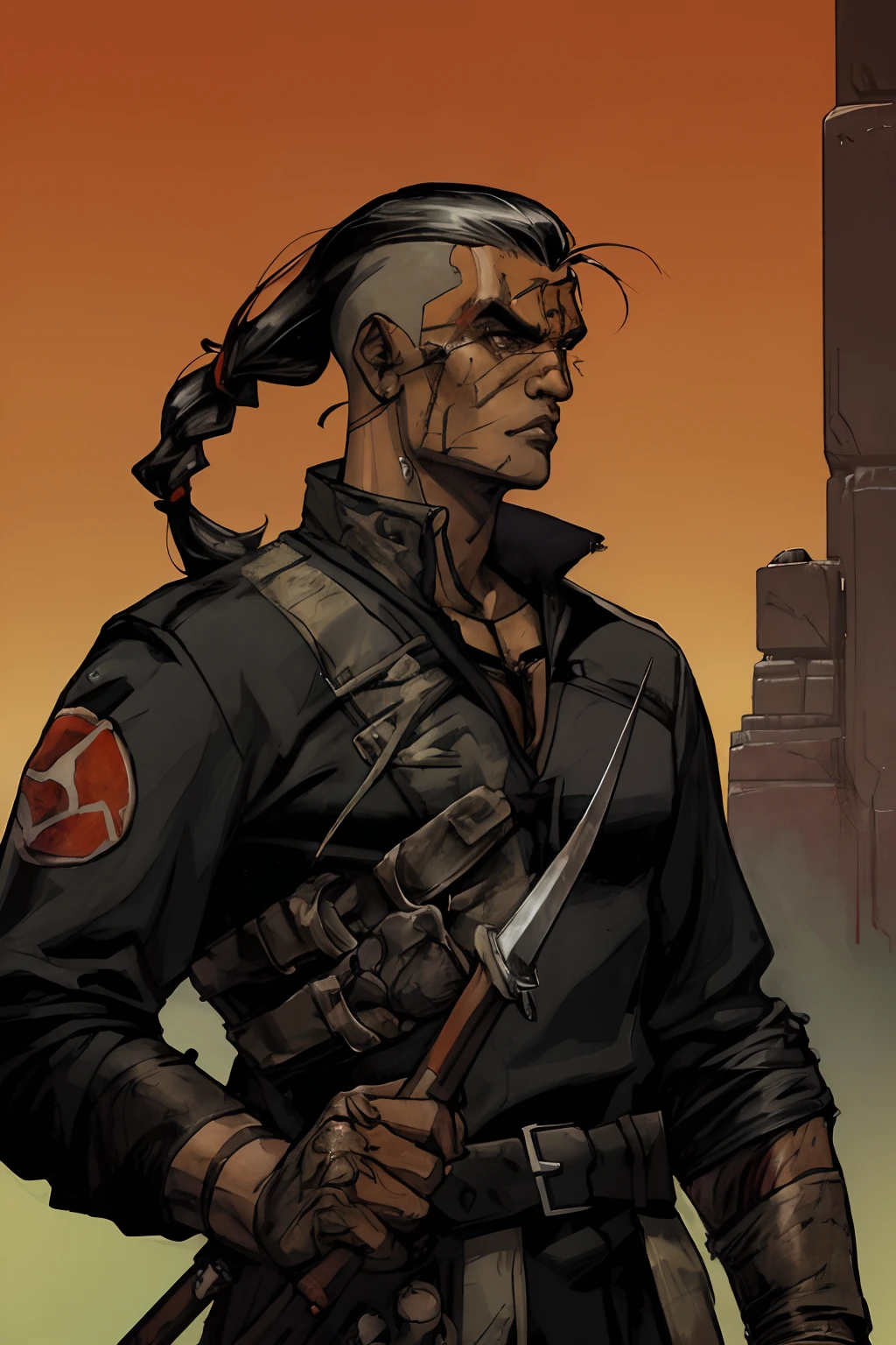 A badass stealthy Native American young man wielding two tomahawks in long ragged futuristic scout gear, with a touch of blood and showcasing his skills as a futuristic ruthless butcher assassin and scout. He also has a shaved sides of his head and a long braid. Best quality, (masterpiece), ( methurlant), (comic), y2k animation, intricate detail, smooth, (futuristic),