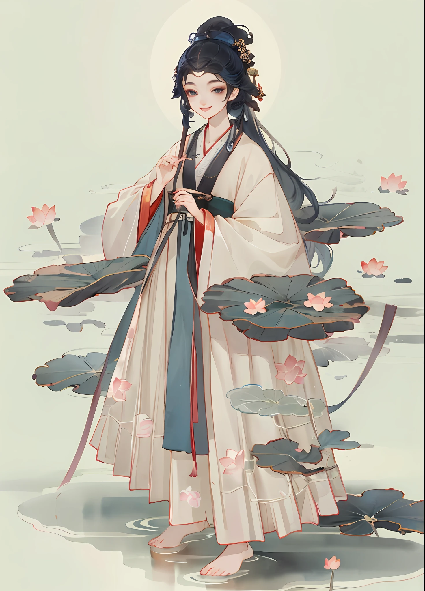 ((4k,masterpiece,best quality)), shuimobysim, traditional chinese ink painting, lotus, hanfu, maxiskit, dress conservatively 1girl, solo, long blue hair, smile, standing, feet in the water, barefoot,