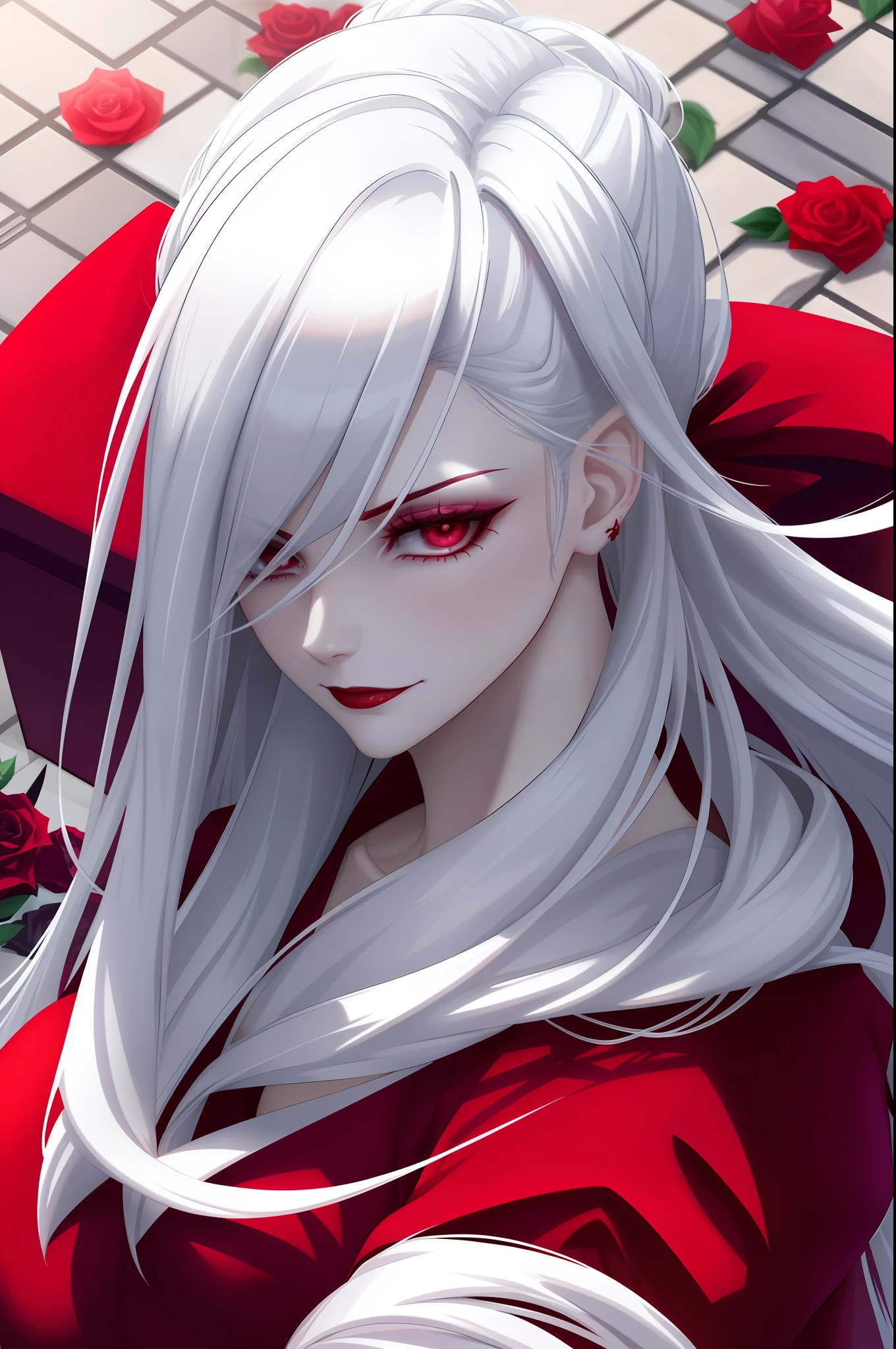 a close up of a woman with a red dress and a rose, handsome drow, drow, perfect drow, androgynous vampire, white haired deity, v from devil may cry as an elf, portrait of jinx from arcane, gapmoe yandere grimdark, beautiful alluring anime woman, anime vampires, tifa lockhart with white hair