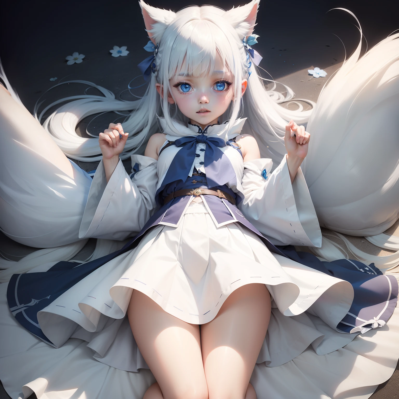 Beast-eared loli，femele，White color hair，blue color eyes，dishiveredhair，long leges，Bare legged，JK skirt，二重まぶた