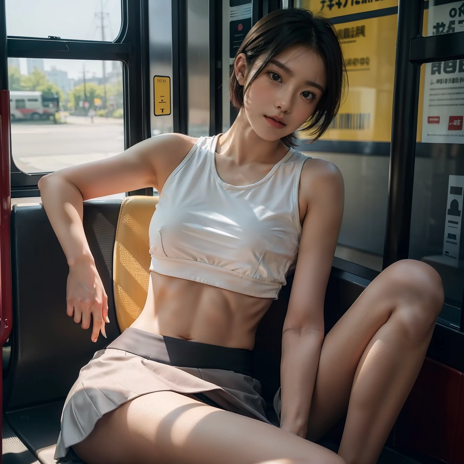 masterpiece, best quality, solo, 1girl, crop top, skirt, short hair, sitting on halte bus, halte, bus, beautiful girl, abs, looking at viewer