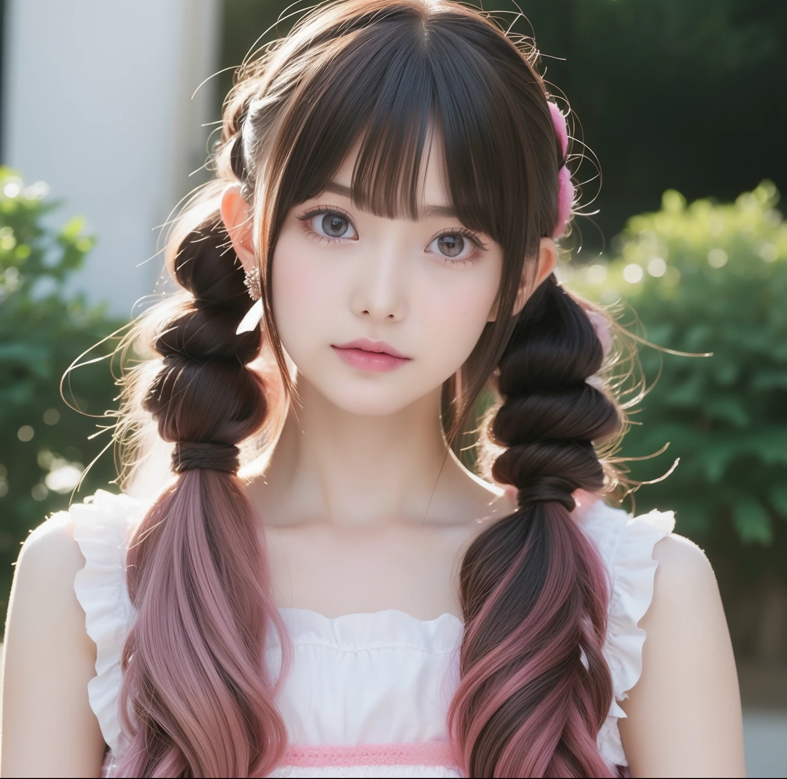a close up of a person with long hair wearing a dress, Cute Girl Visual, pink twintail hair and cyan eyes, Good Style, Shirabii, Girl in maid costume,length hair, Raw photo、high-level image quality、A hyper-realistic、、top-quality、realisitic、realisitic、ighly detailed、extremely delicate and beautiful、Raw photography、profetional lighting、lighting on the face、depth of fields、Single focal length、full body Esbian、a 20 yo woman、small head、beautidful eyes、True Face、authentic skin、Lifelike face、real looking skin、A detailed eye、(Fashionable hairstyles:1.3)detaileds、petite and delicate physique,,,