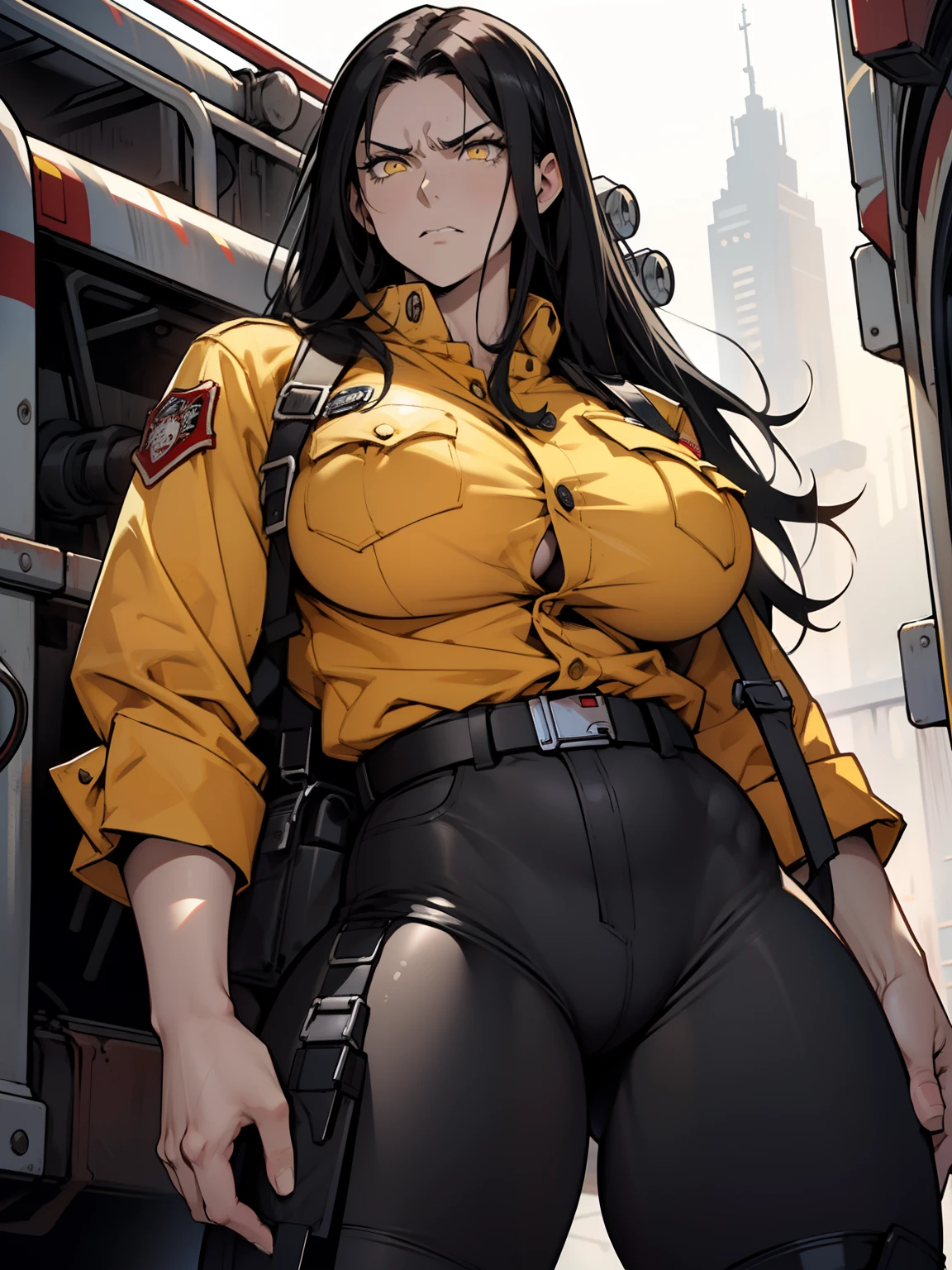 (1girl), black hair, extremely long hair, yellow eyes, ((((muscular)))), (huge breasts), (thick thighs), solo, angry, (pale skin), cowboy shot, (fireman uniform)