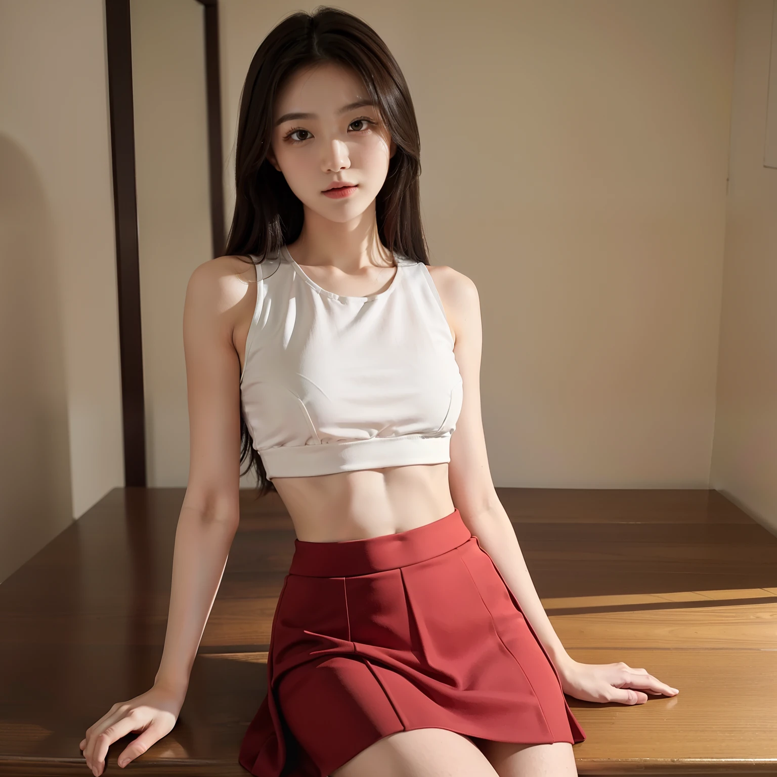 masterpiece, best quality, solo, 1girl, crop top, skirt, sitting on table, beautiful girl, abs, looking at viewer
