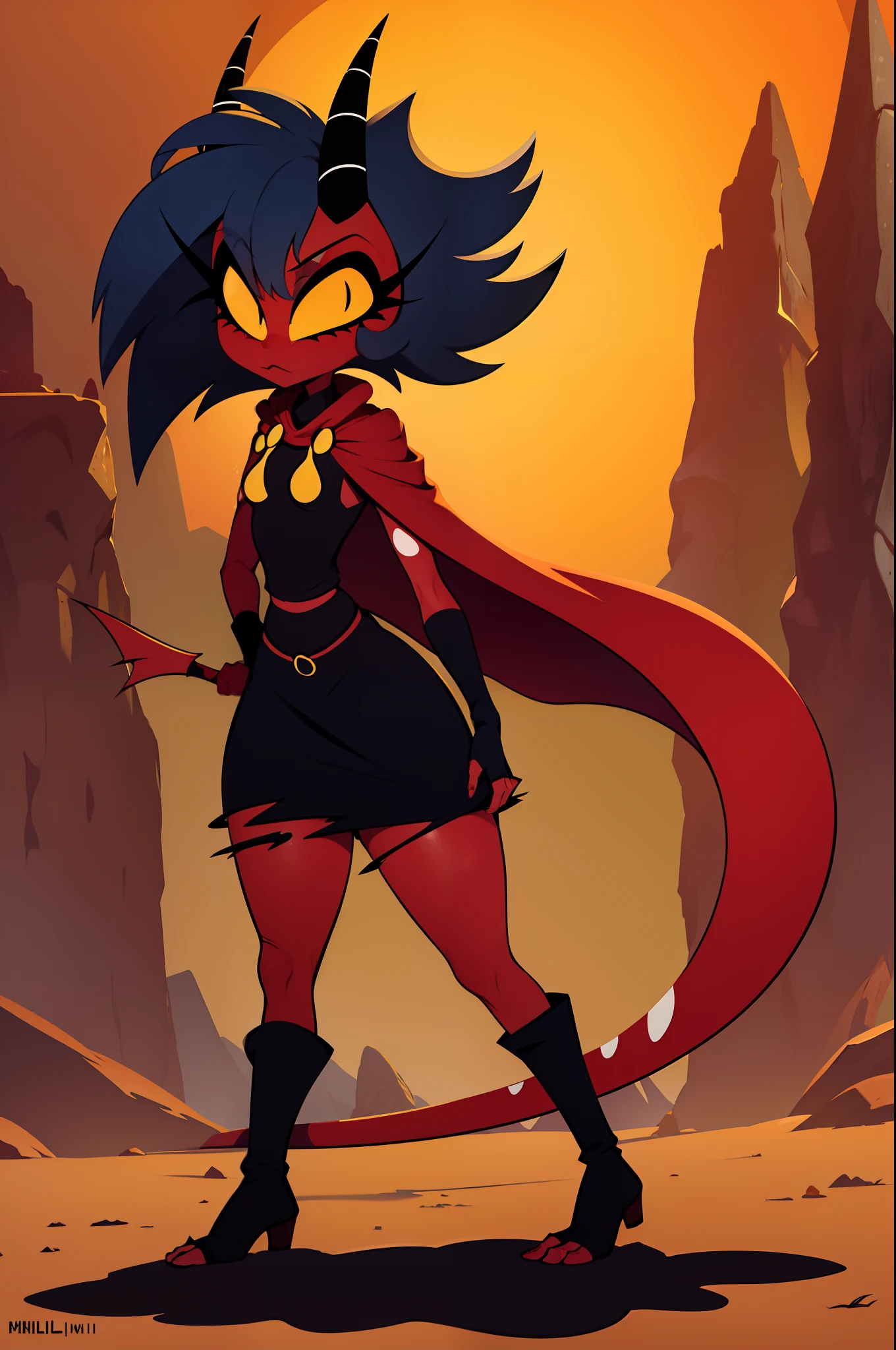 character helluva boss western animation mille (helluva boss) Trigger Words: hbmillie demon girl colored skin red skin horns colored sclera horns colored sclera yellow sclera tail torn clothes, cloak, ,, walking, vest pats, walking, alone