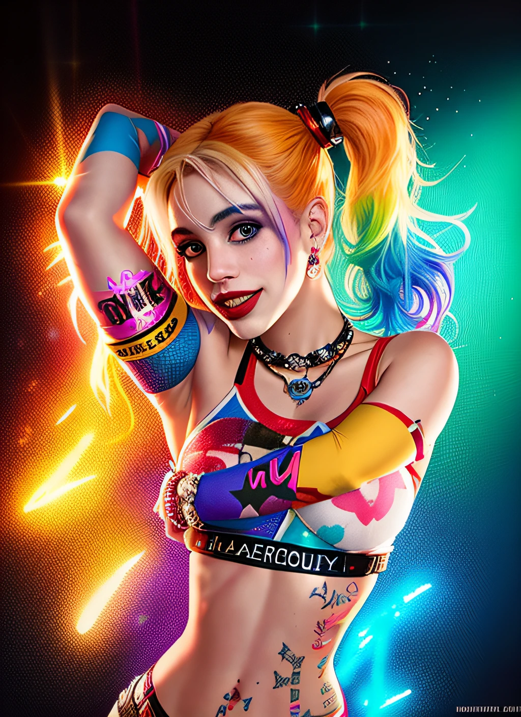 Harley Quinn, Drunken Beautiful Woman as Delirium, (Hallucinating Colorful), punk rock, Tank Girl, High Detailed, 8K, Sharp focus, natural lighting, subsurface scattering, F2, 35mm, film grain, bloom, traced of rays