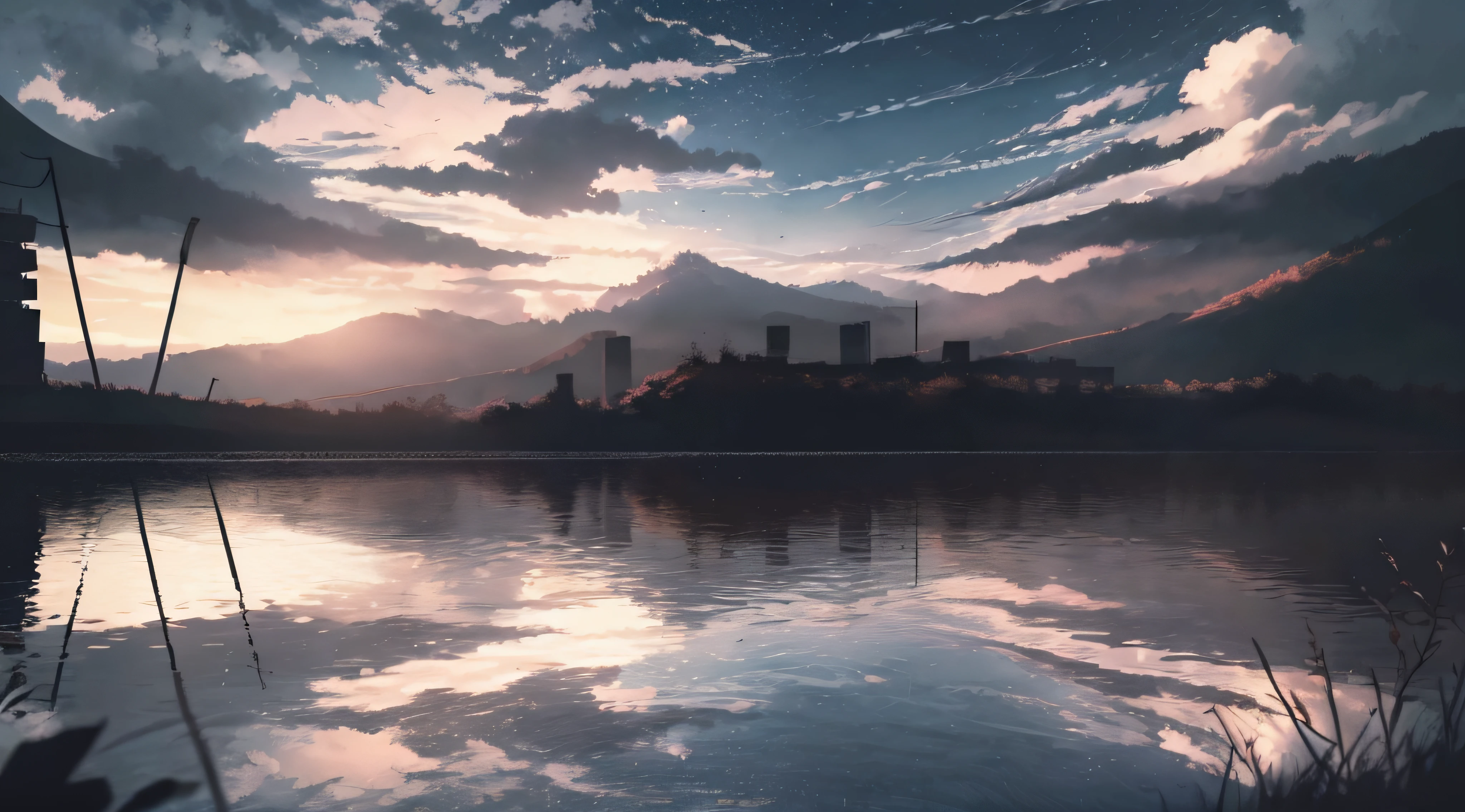 animesque, Japanese animation, silhouette, sao(sky), clouds, Natural scenery, wood, plein air, skyscraper, natta, night sky, Sundown, Skyline, 1 month