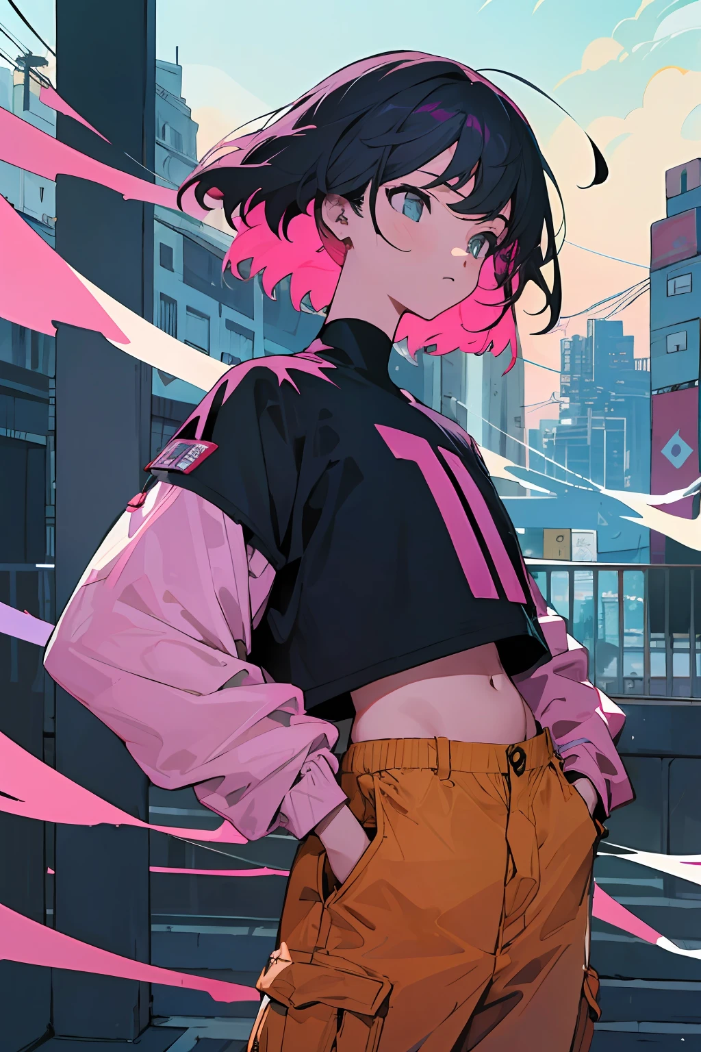 melhor qualidade, papel de parede 4K, obra-prima, extremamente detalhado CG unidade de papel de parede 8k, olhos extremamente detalhados, ultra-detalhado, detalhes intrincados, 1girl, estilo de arte retro, estilo de arte neon_pop, Public, ao ar livre, sinal de estrada, cidade, cabelo longo, cabelos brancos, olhos azul, cropped preto, pants, hands in a pocket, barriga nua, belly with abdomen,olhar para o telespectador,olhar frio,