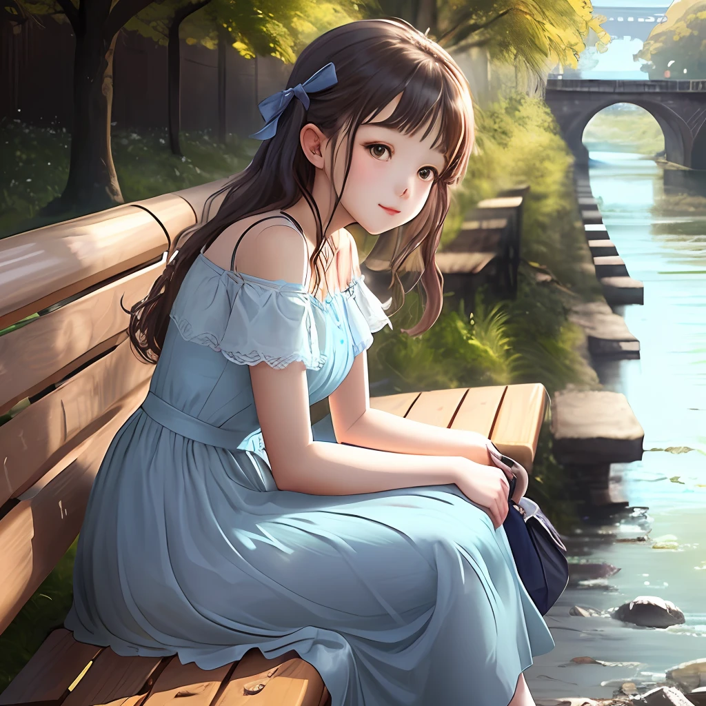 A cute girl with blue dress waiting for someone sitting on a bench beside a river
