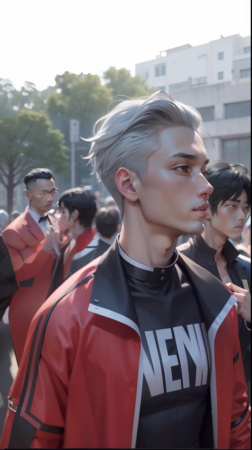 best qualtiy， 超高分辨率， （realisticlying：1.4）， 1boys， white  shirt， Black pantsuit， a black choker， （Faded gray-gray hair：1）， （：1.2）， looking at viewert， closeup cleavage ，