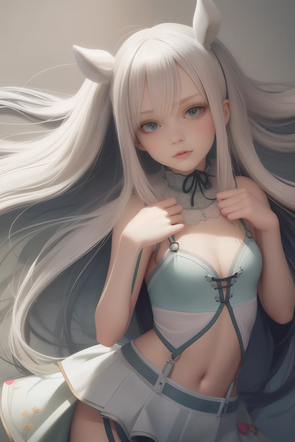 Best quality, tmasterpiece, White hair, green-eyed, sistineFibeldef, Sistin Fibel Lund, head looking up, The upper part of the body,White-pink clothes