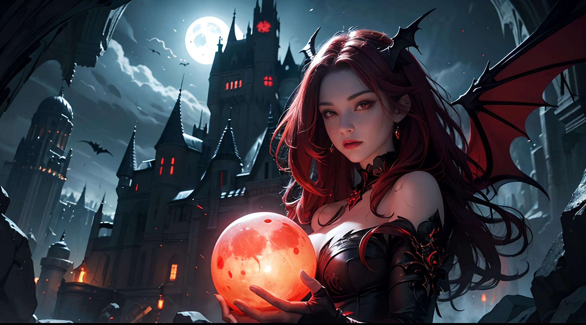 dark fantastic night , scary big castle at back , many bat , big red glowing fantastic moon , a few cliff , 2 cave far away at cliff , few stone , ruined columns , many magic bright stone around her , far away dragon at dark sky, horror scene , beautiful female devil , dark red hair , red magical very bright eyes , magical reddish glowing little orb in two hand at once , female devil staring at orb , dark big wings , ultra detailed face , (ultra detailed scene) , (ultra detailed orb) , (ultra beautiful face) , (ultra detailed moon) , (ultra detailed castle) , (ultra detailed hands) , (ultra detailed wings) blood splashed on body, pale face , dark red lip , black devil wear , shaped body , red magic around her , red mana twirling around , (fantastic art) , (cold place) , (detailed mana drawing) ,(detailed eye red light) , (detailed black dragon)