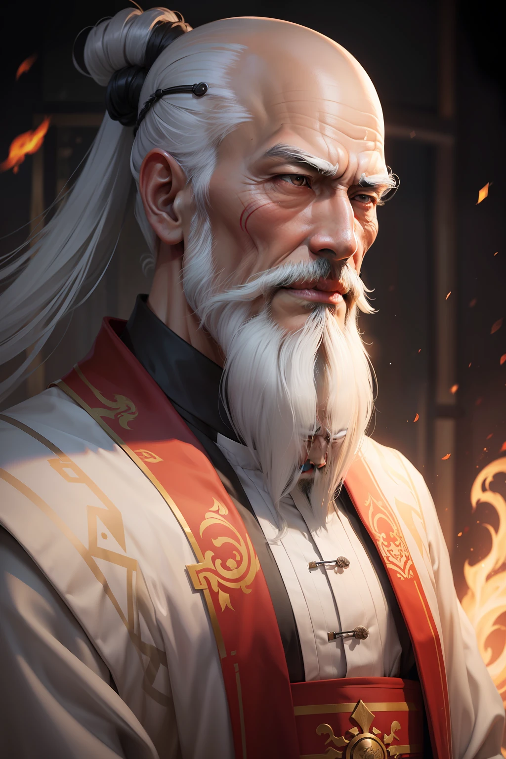 "CyberRealistic Lao Tse has a bald head，Long gray hair，Long white beard，Taoist robes"