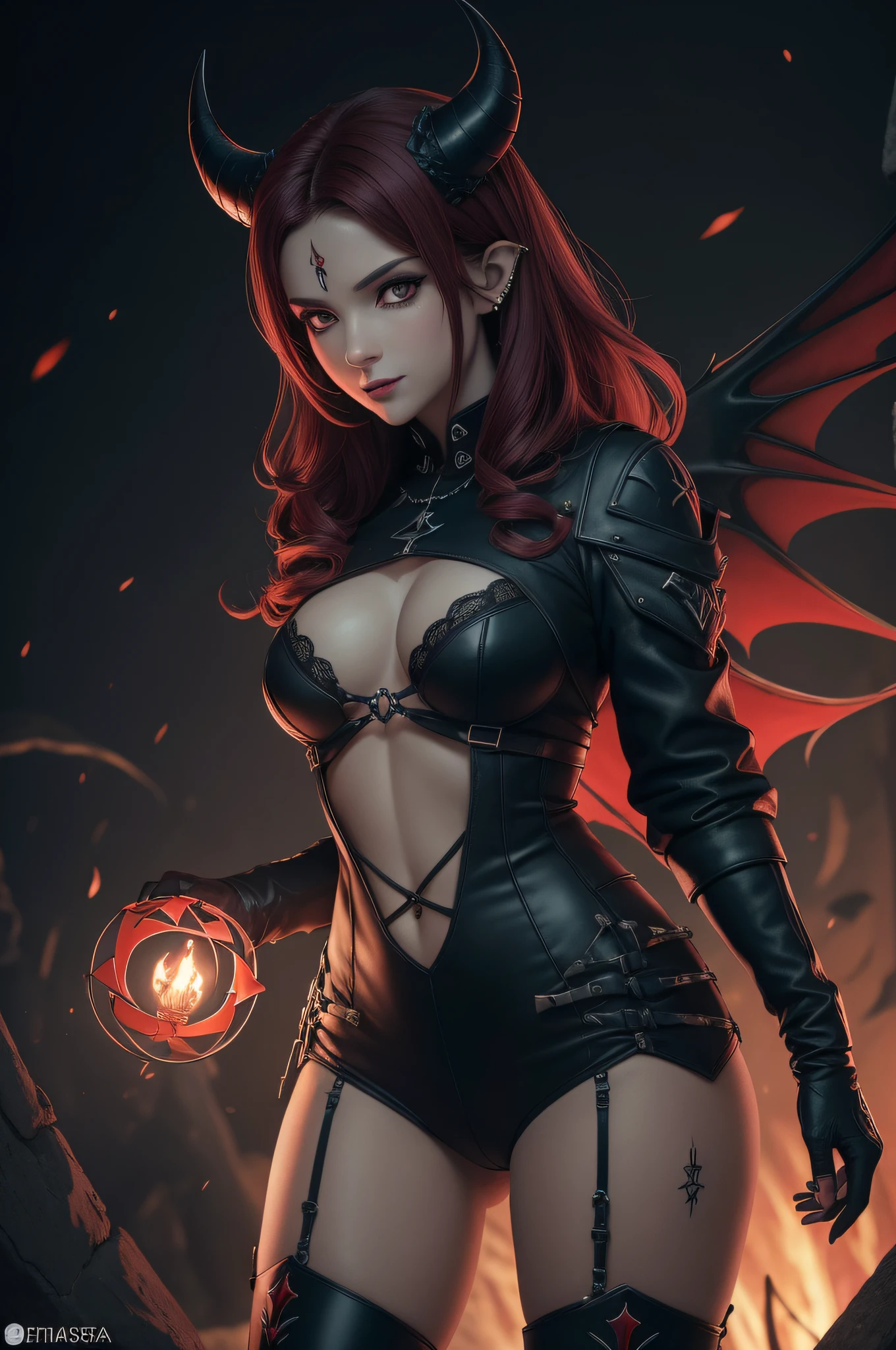 (((Natasha Cioara honkai impact 3dr))), (Estilo Aschenhardt:1.4), Obra-prima, Melhor Qualidade, Alta Qualidade,(Dark shapeless creature with dark red glow and red eyes and surrounded by darkness:1.2), (de perfil), (darkeness:1.2), Abstraction, Mar profundo, Fotografia premiada, Profundidade de campo, HDR, Muito detalhado, Trend in art stations, trend in CGSociety, Complexo, Alto detalhe,(Obra-prima:1.2, Melhor Qualidade), (best ilumination, Muito Delicado e Belo), (best ilumination, muito delicada e bonita), (belo rosto detalhado), (olhos detalhados e rosto detalhado:1.2), fantasia escura, (menina, pequena besta, 1girl, solo, sorriso louco, pale skinned,19 piercings,(tatuagens em todo o corpo, tatuagens tribais em todas as pernas)) cabelos grisalhos, olhos vermelhos brilhantes, dinamic angle, vampiro), (obter correntes, magical circles, grafite na parede, no fundo)), get demons to be summoned), Magic thunder, pointy_ears, presas, demon wings, demon horns, sangue no rosto, chuva de sangue, blood mist, (profundidade de campo), alto contraste, (respingo de sangue: 1.4), tiro de cowboy, corpo inteiro, Black lace up thigh boots, grito, sacrifice, Magnificent stage