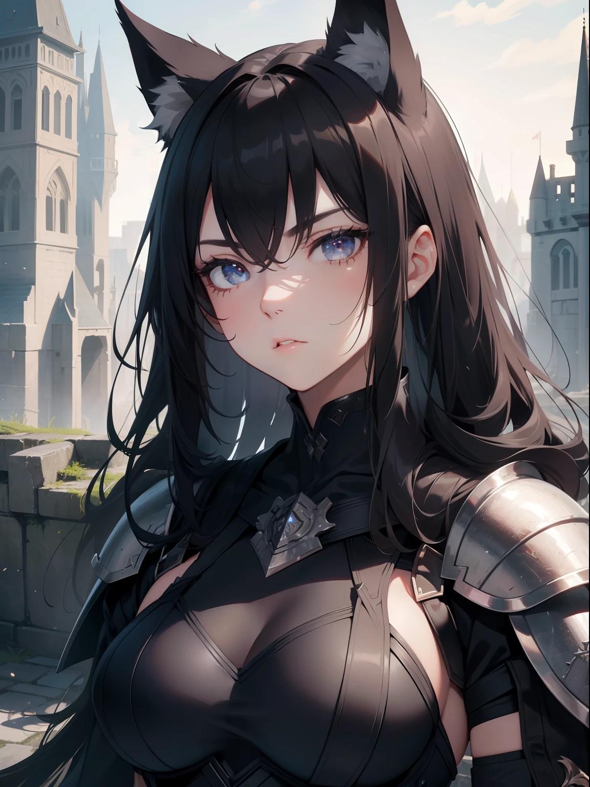(Masterpiece, Best Quality, Ultra High Resolution), 1 Girl,black armor, wolf ears, black hair, serious expression, beautiful and detailed face, detailed eyes,in a stone fortress, in the middle ages